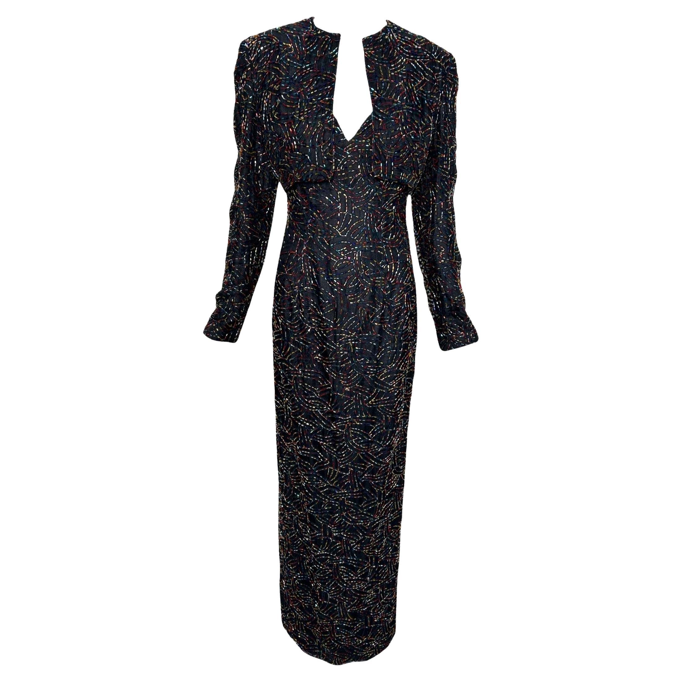 Jeran Rainbow Beaded Gown + Jacket, 1990s For Sale