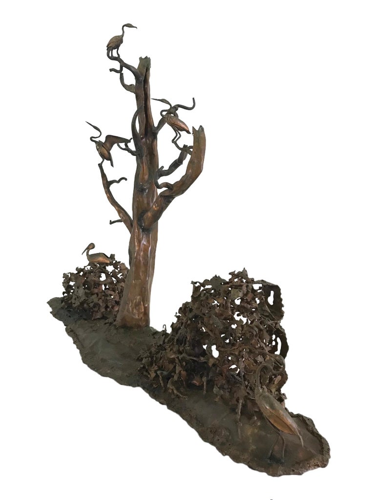 Unusual brutalist copper sculpture of an Estuary Landscape by Curtis Jere done in 1978. It was created to hang on the wall or be a piece of art to be displayed on a table or pedestal. Great imagery of numerous Tropical birds perched on a barren tree