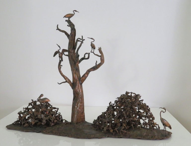 American Jere 1978 Modern Brutalist Copper Wall or Tabletop Sculpture of Estuary w. Birds For Sale