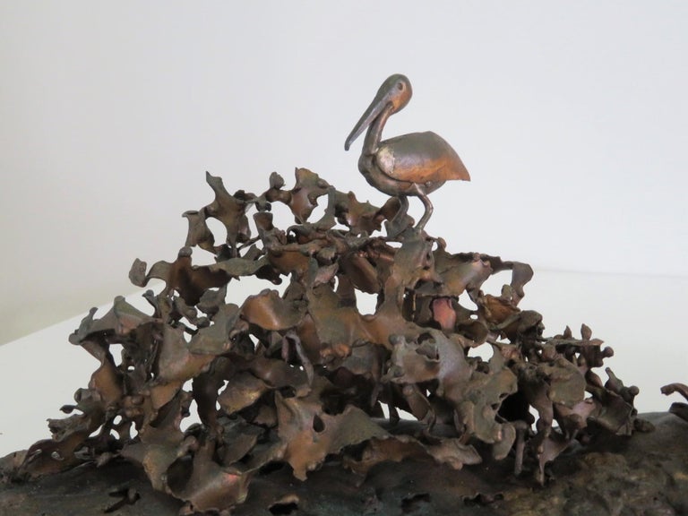 Jere 1978 Modern Brutalist Copper Wall or Tabletop Sculpture of Estuary w. Birds In Good Condition For Sale In Miami, FL