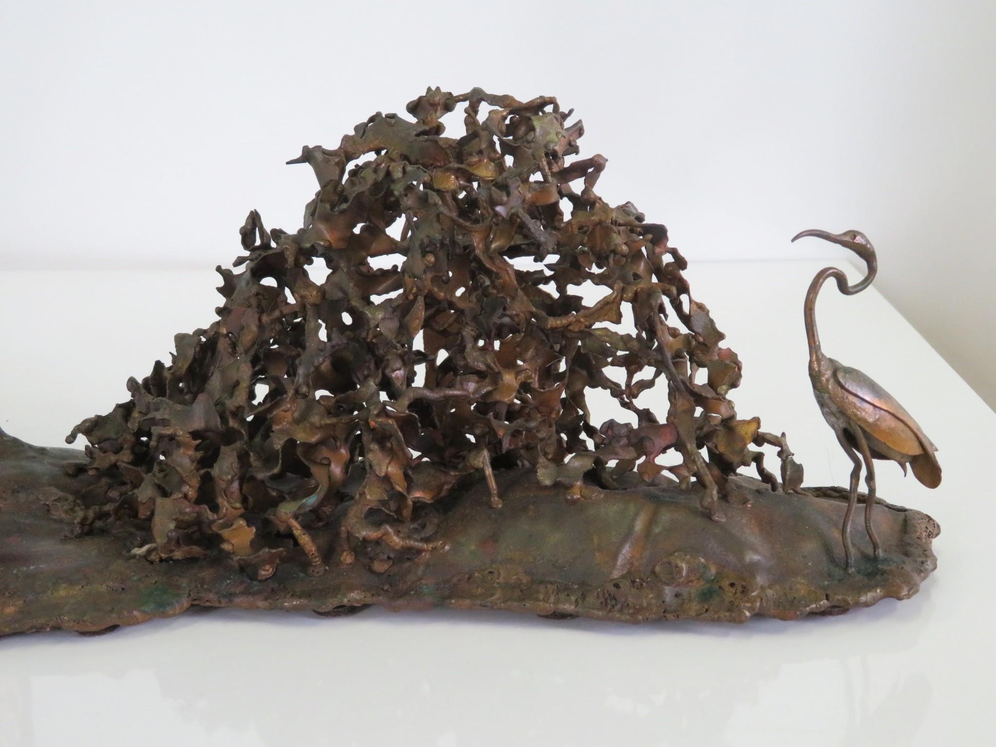Late 20th Century Jere 1978 Modern Brutalist Copper Wall or Tabletop Sculpture of Estuary w. Birds