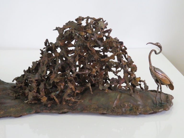 Late 20th Century Jere 1978 Modern Brutalist Copper Wall or Tabletop Sculpture of Estuary w. Birds For Sale