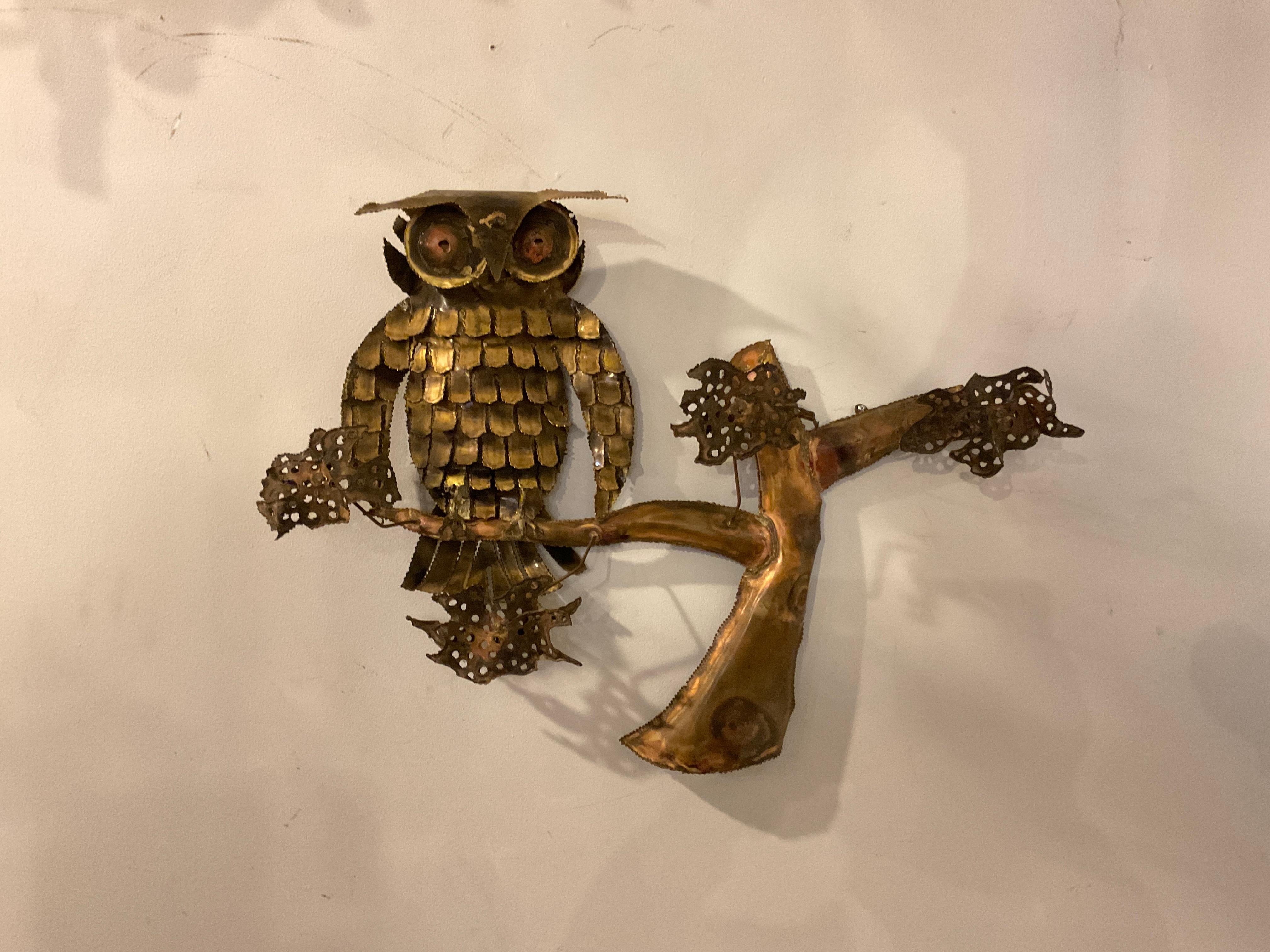 1970s Brass Jere style owl wall hanging.