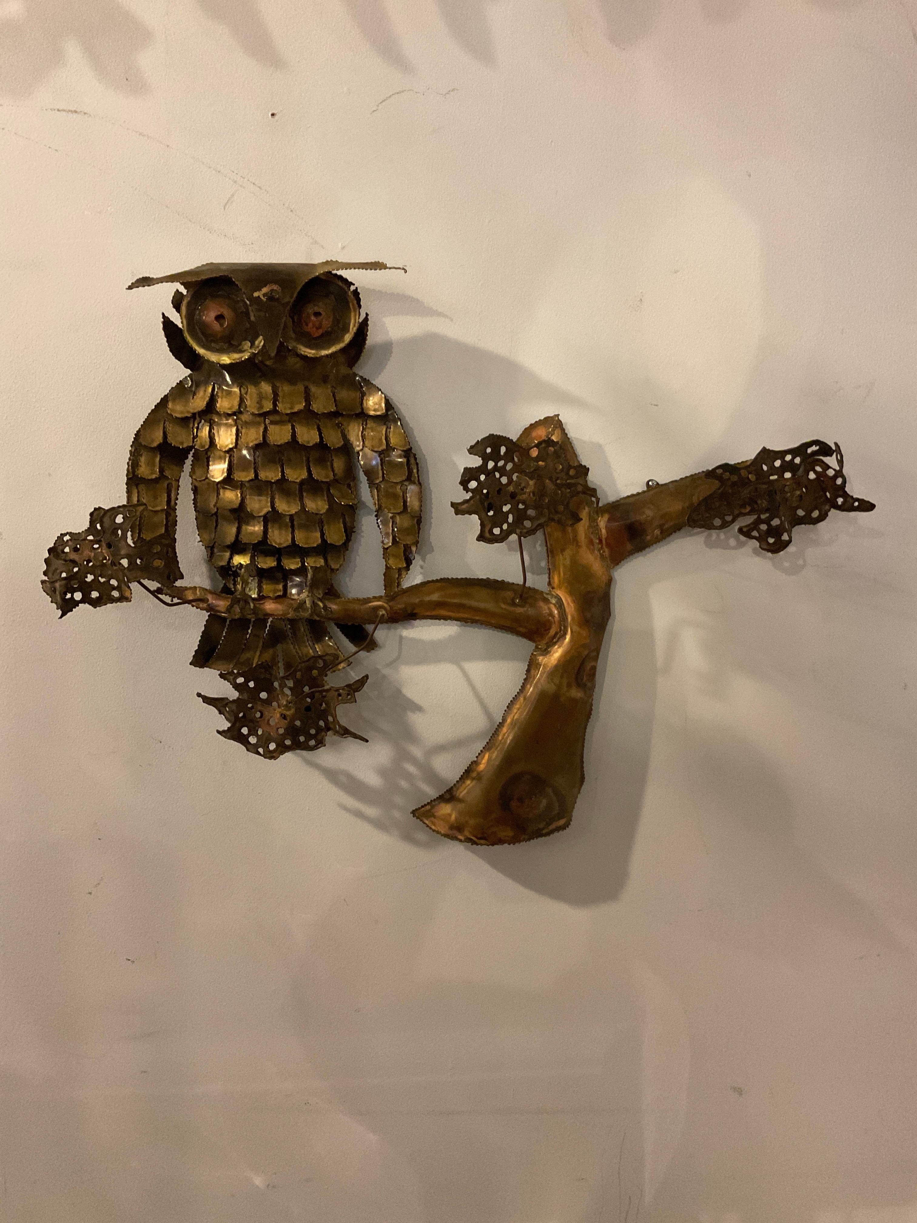 Late 20th Century Jere Style Brass  Owl Wall Sculpture  For Sale