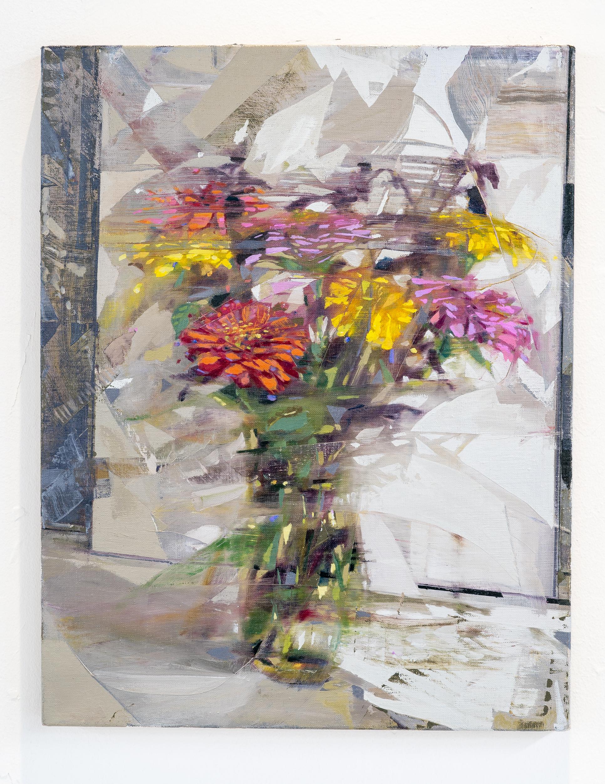 DWELL - Peinture expressionniste à l'huile sur toile représentant des fleurs dans un vase sur une table - Painting de Jered Sprecher