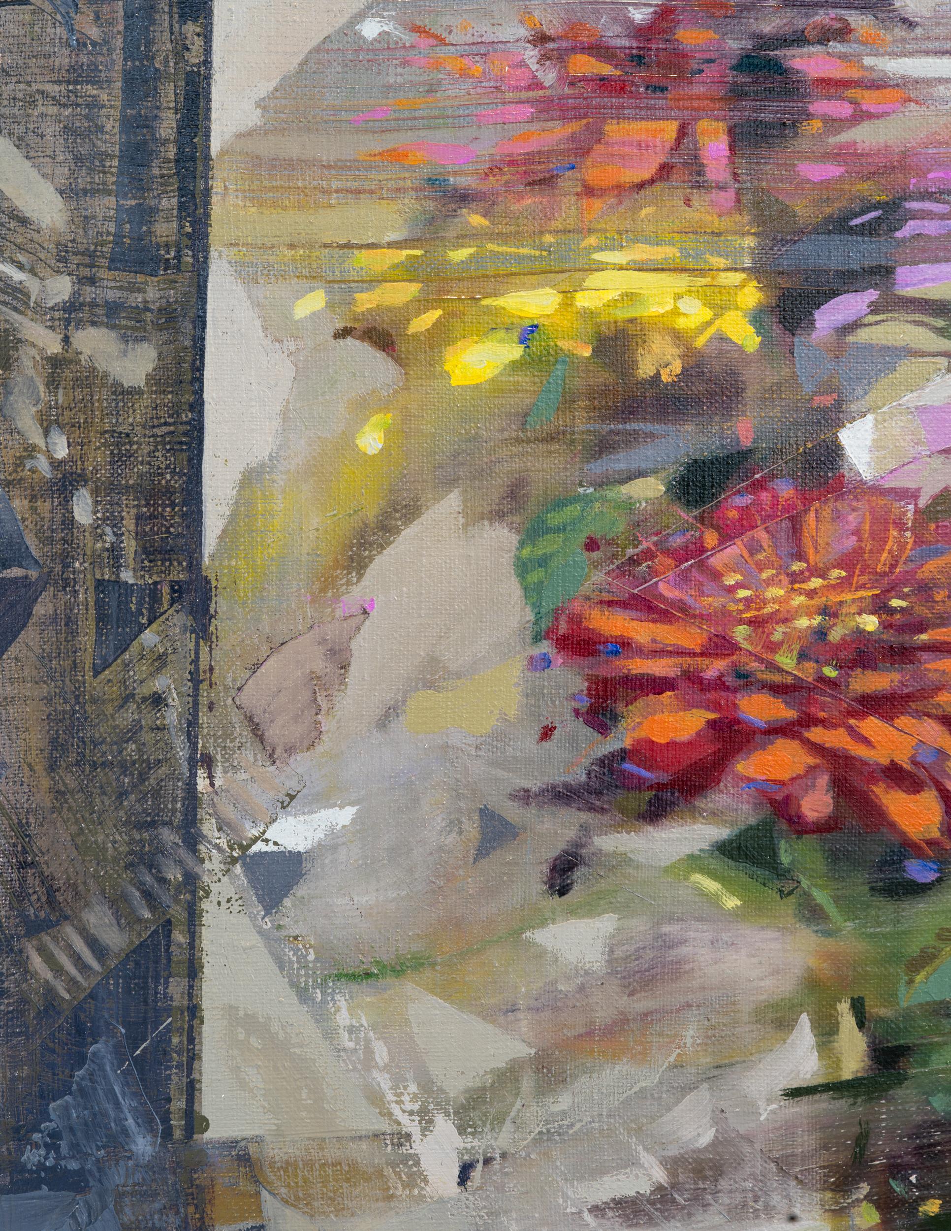 DWELL est une peinture à l'huile sur lin à plusieurs couches, réalisée par Jered Sprecher. L'œuvre présente une composition florale, modelée sur un arrangement de bouquet créé par la femme de l'artiste. Partant d'une représentation statique et