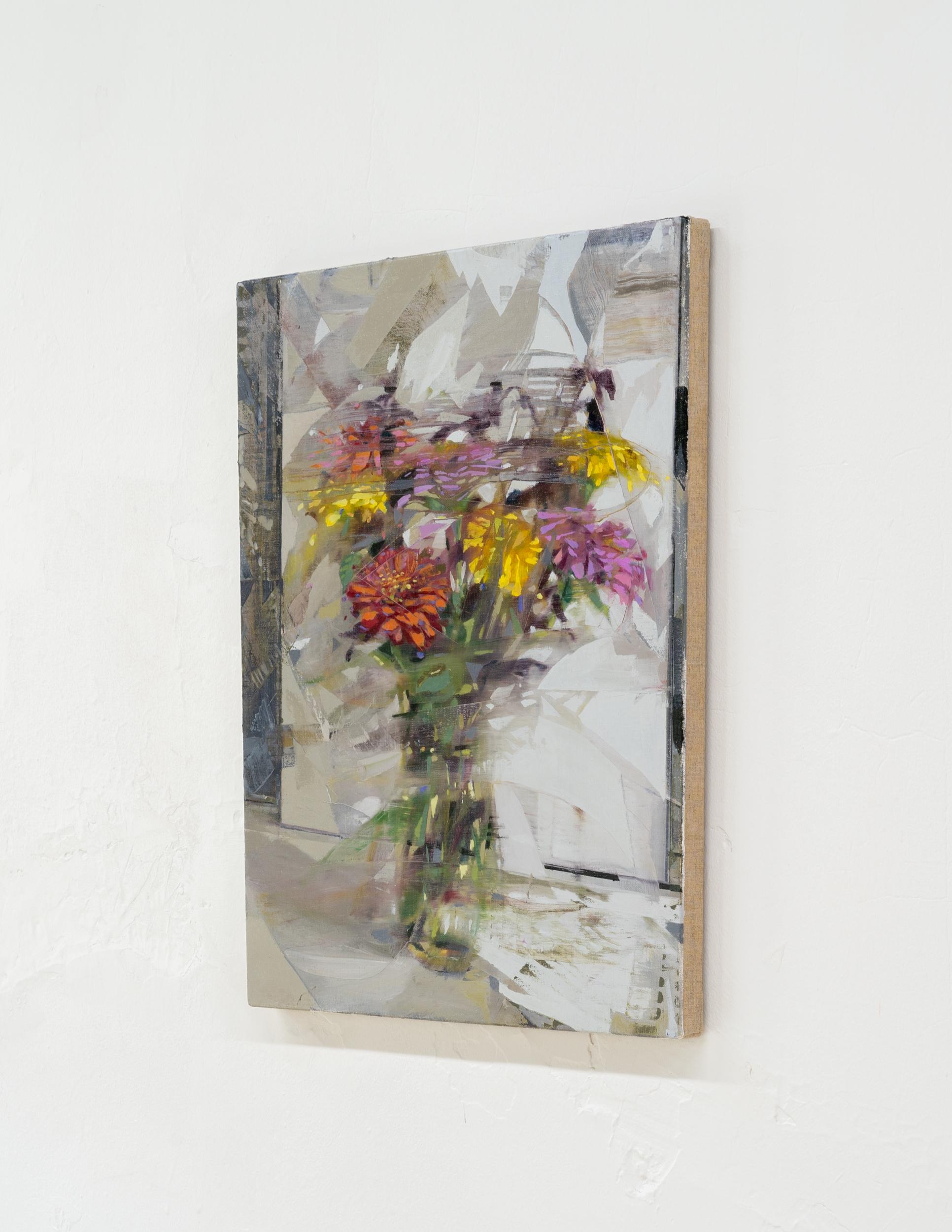 DWELL - Peinture expressionniste à l'huile sur toile représentant des fleurs dans un vase sur une table en vente 1