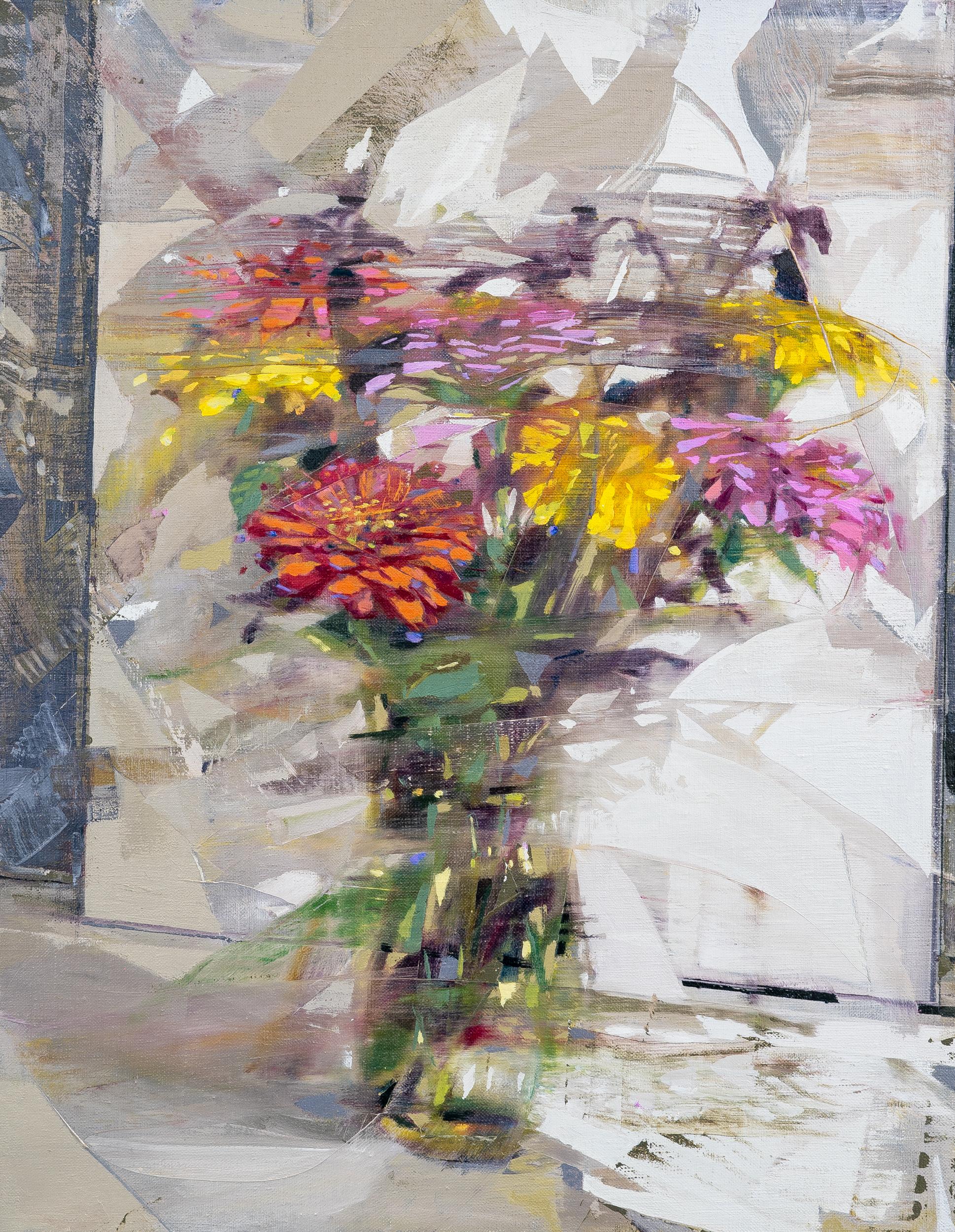 DWELL - Peinture expressionniste à l'huile sur toile représentant des fleurs dans un vase sur une table
