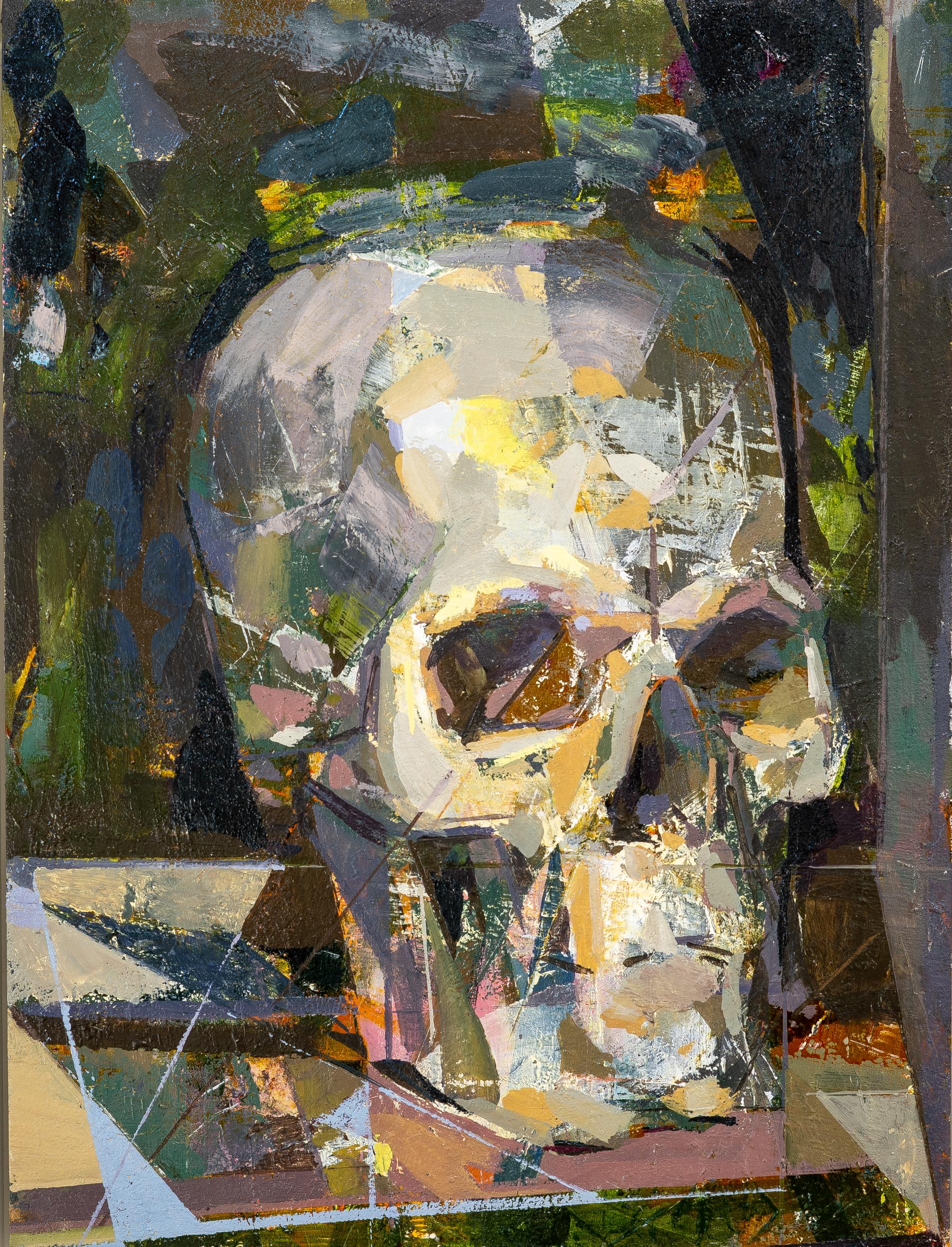 Jered Sprecher Still-Life Painting - SOLID SOUND - Oil on Paper and Panel Painting of Skull on Table