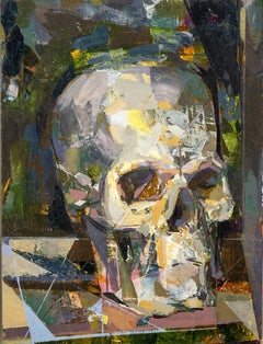 SOLID SOUND - Oil on Paper and Panel Painting of Skull on Table