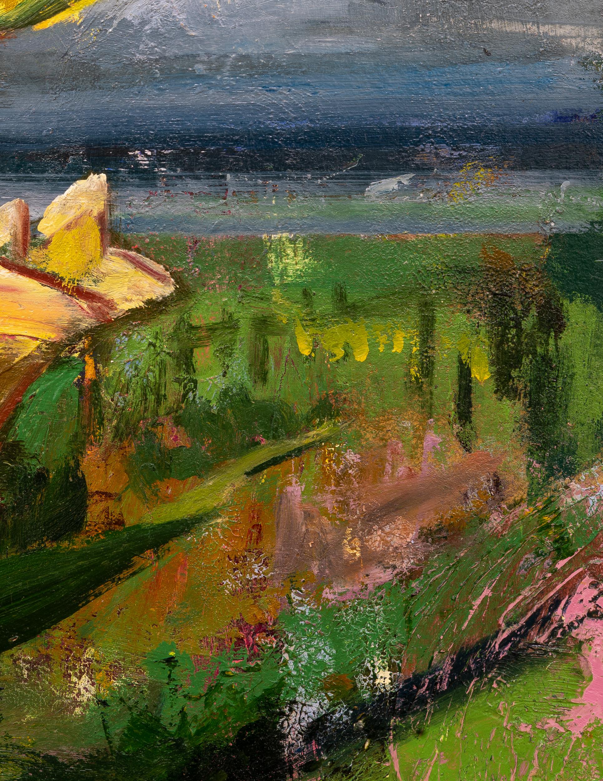 CANTOS - Pintura al óleo sobre lienzo de flores delante de un campo - Figurative Painting Gris de Jered Sprecher