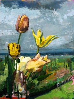SONGS - Quadro a olio su tela con fiori davanti a un campo