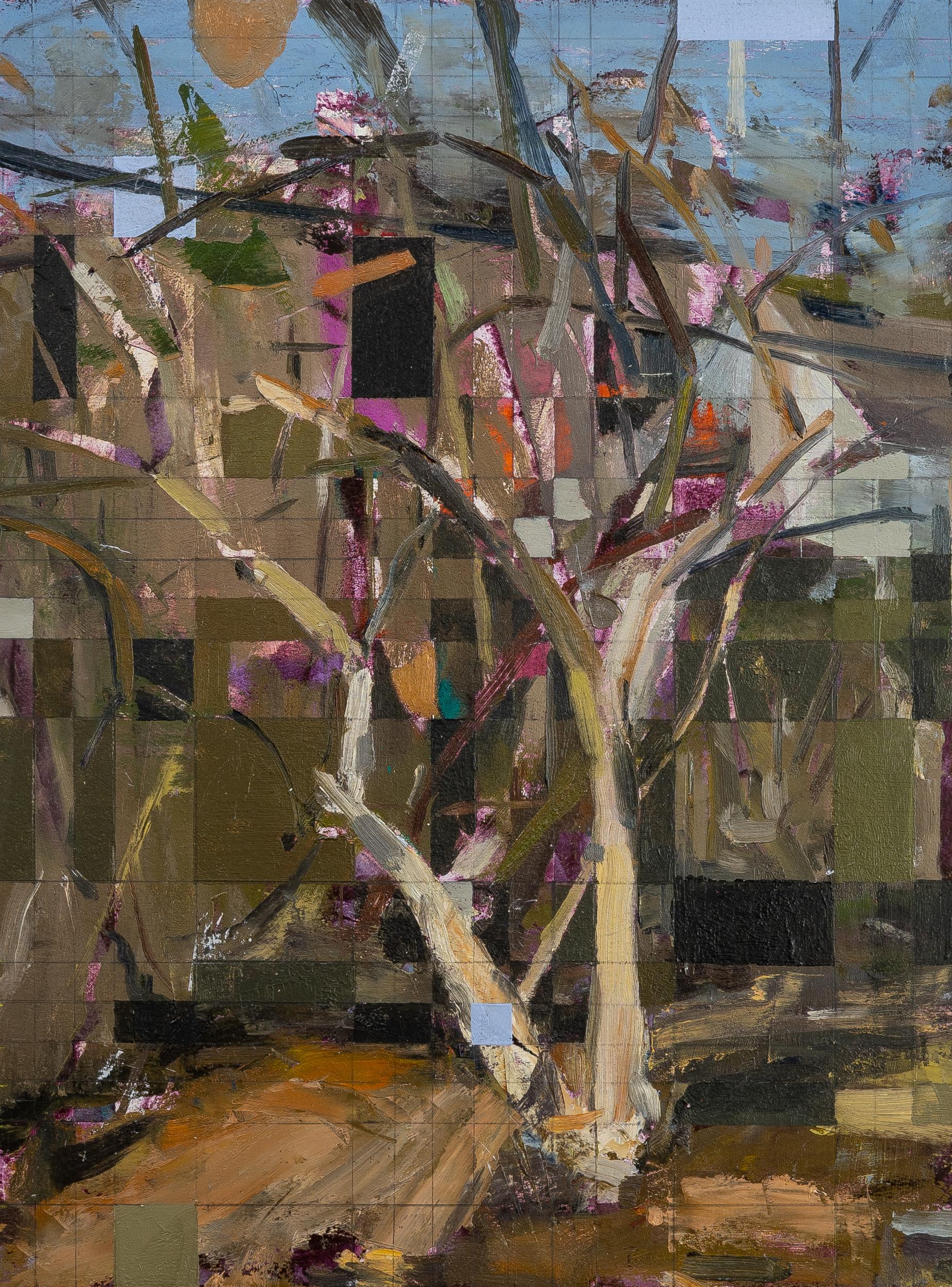ESSERE CONOSCIUTI - Quadro incorniciato con olio su carta e pannello raffigurante un albero e dei quadrati - Painting di Jered Sprecher
