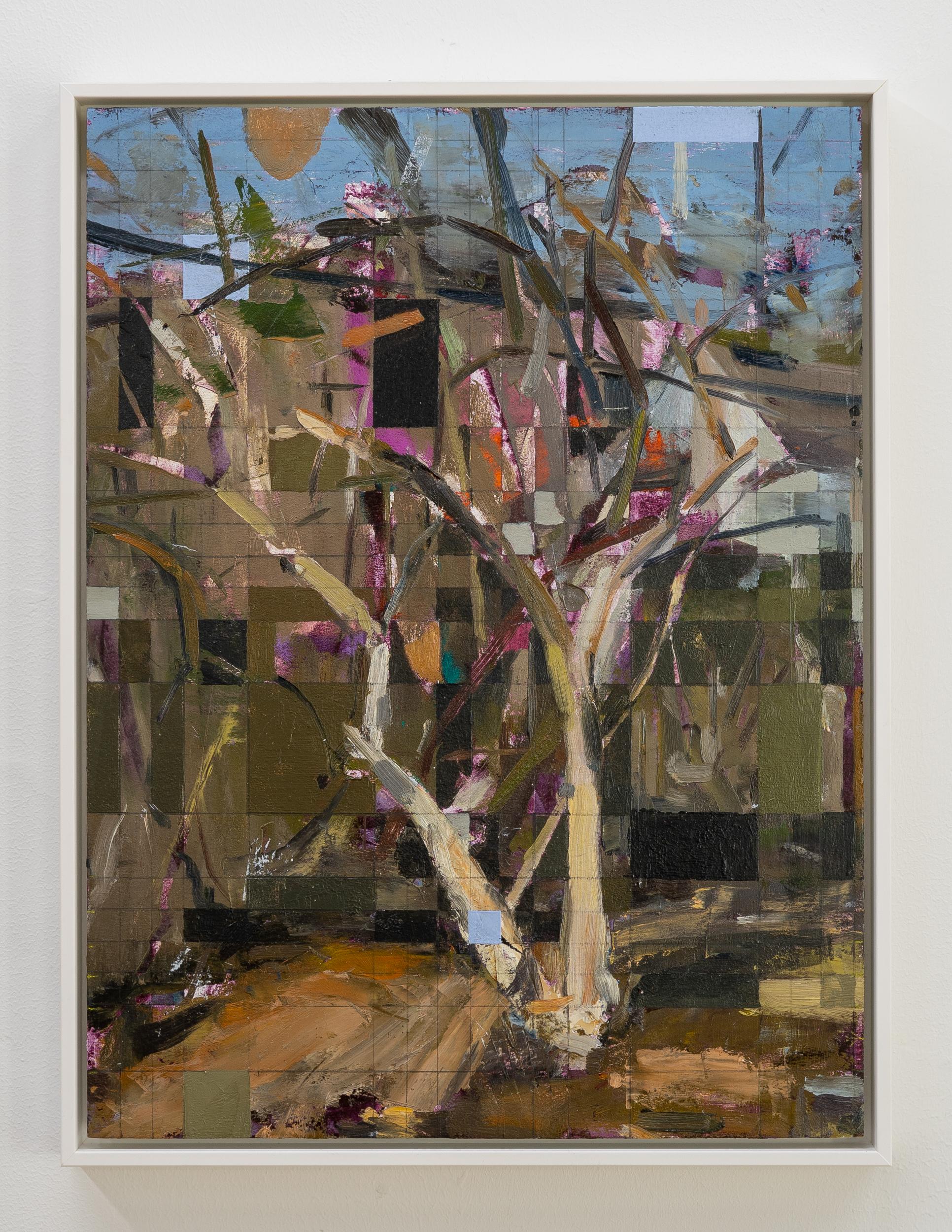 ESSERE CONOSCIUTI - Quadro incorniciato con olio su carta e pannello raffigurante un albero e dei quadrati - Painting Contemporaneo di Jered Sprecher