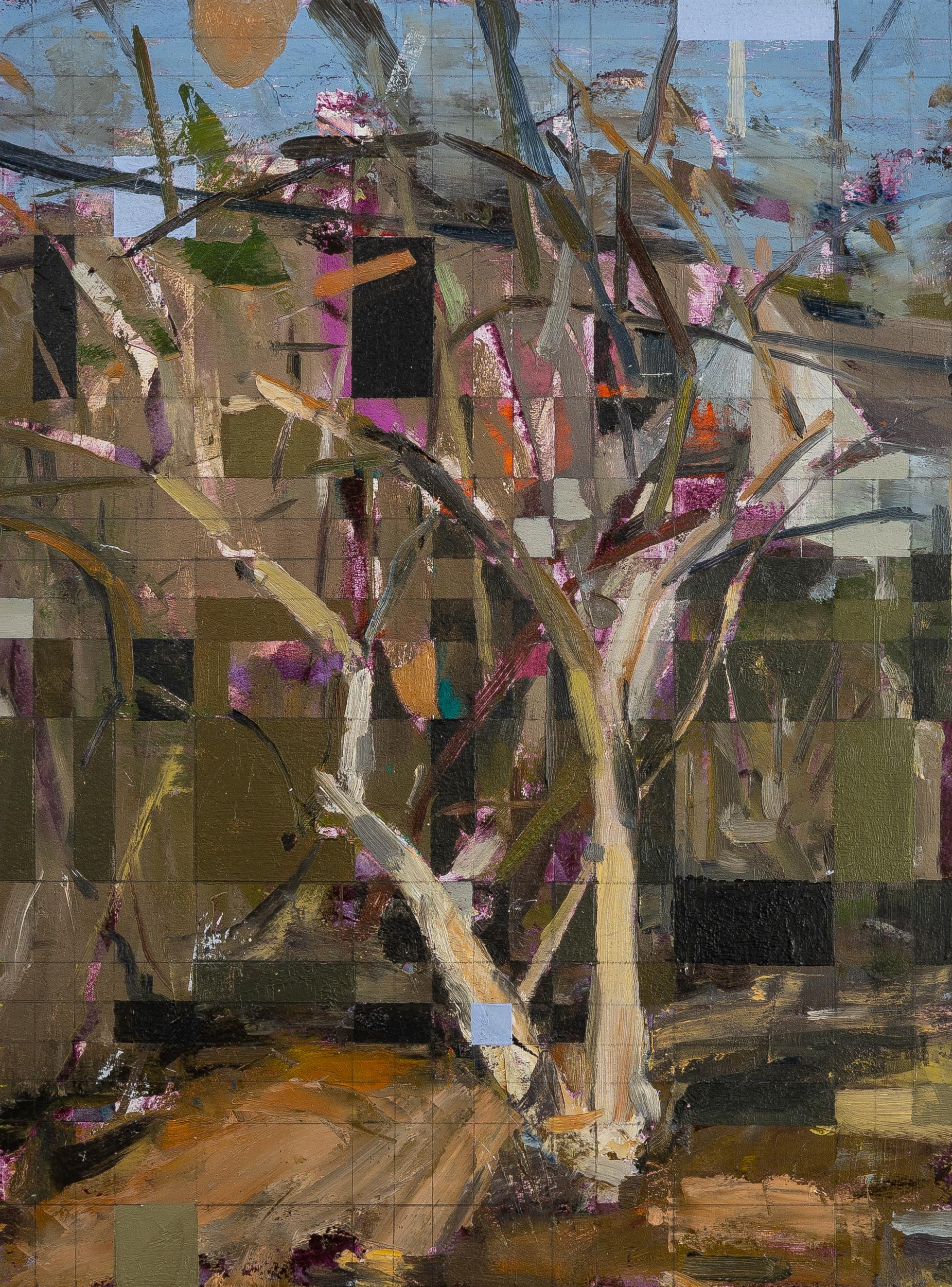 Jered Sprecher Landscape Painting - TO BE KNOWN - Framed Oil on Paper and Panel Painting of a Tree and Squares