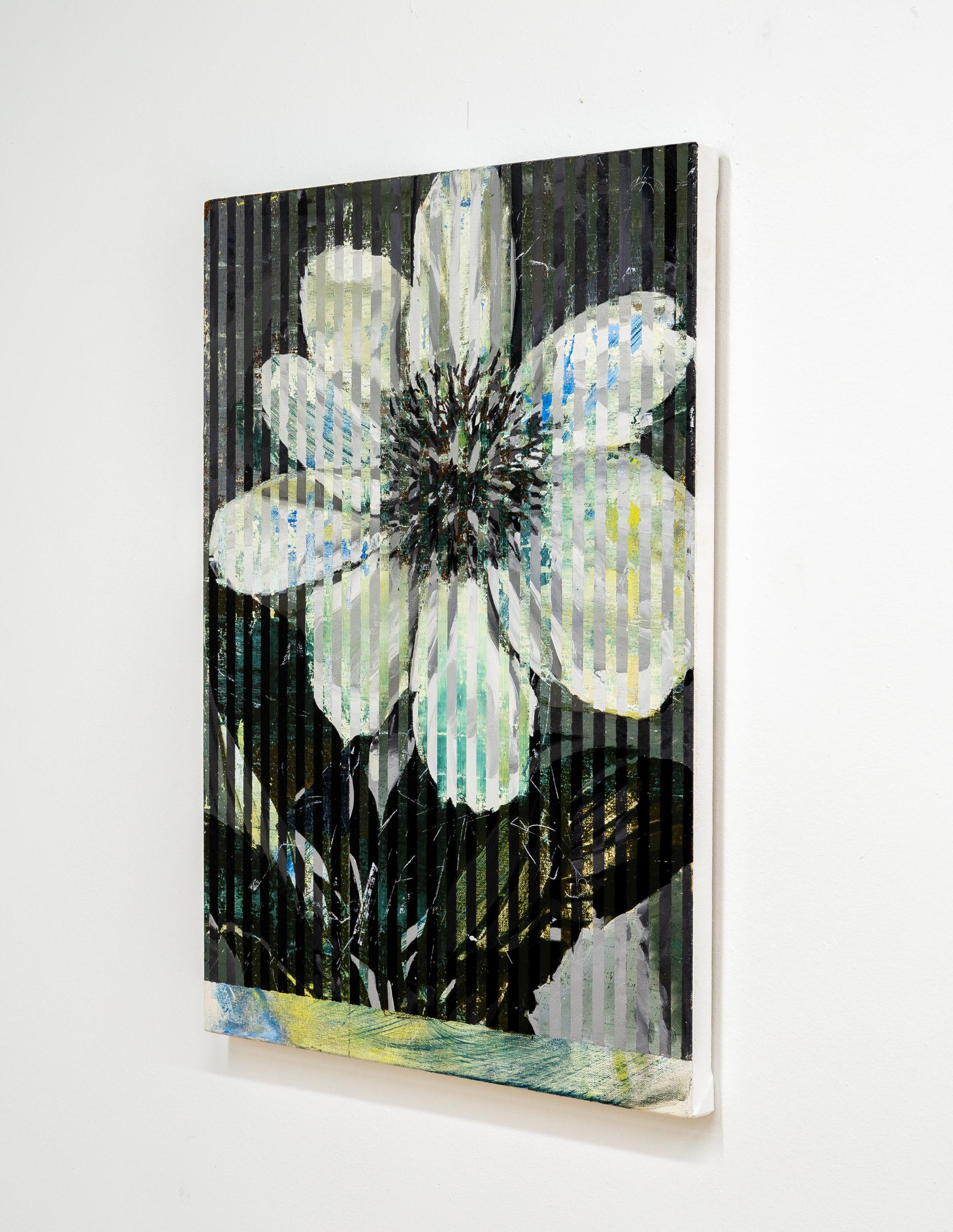 VERT DE GRIS ist ein Gemälde von Jered Sprecher in Öl auf Leinwand und gehört zu seiner Serie von Werken, die Blumen in Graustufen darstellen. Die Idee, einer leuchtenden Blume die Farbe zu entziehen, gab den Anstoß zu dieser Arbeit. VERT DE GRIS