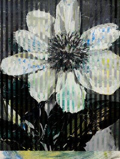 VERT DE GRIS – Öl auf Leinwand, Gemälde einer gestreiften Blume in gedämpften Farben