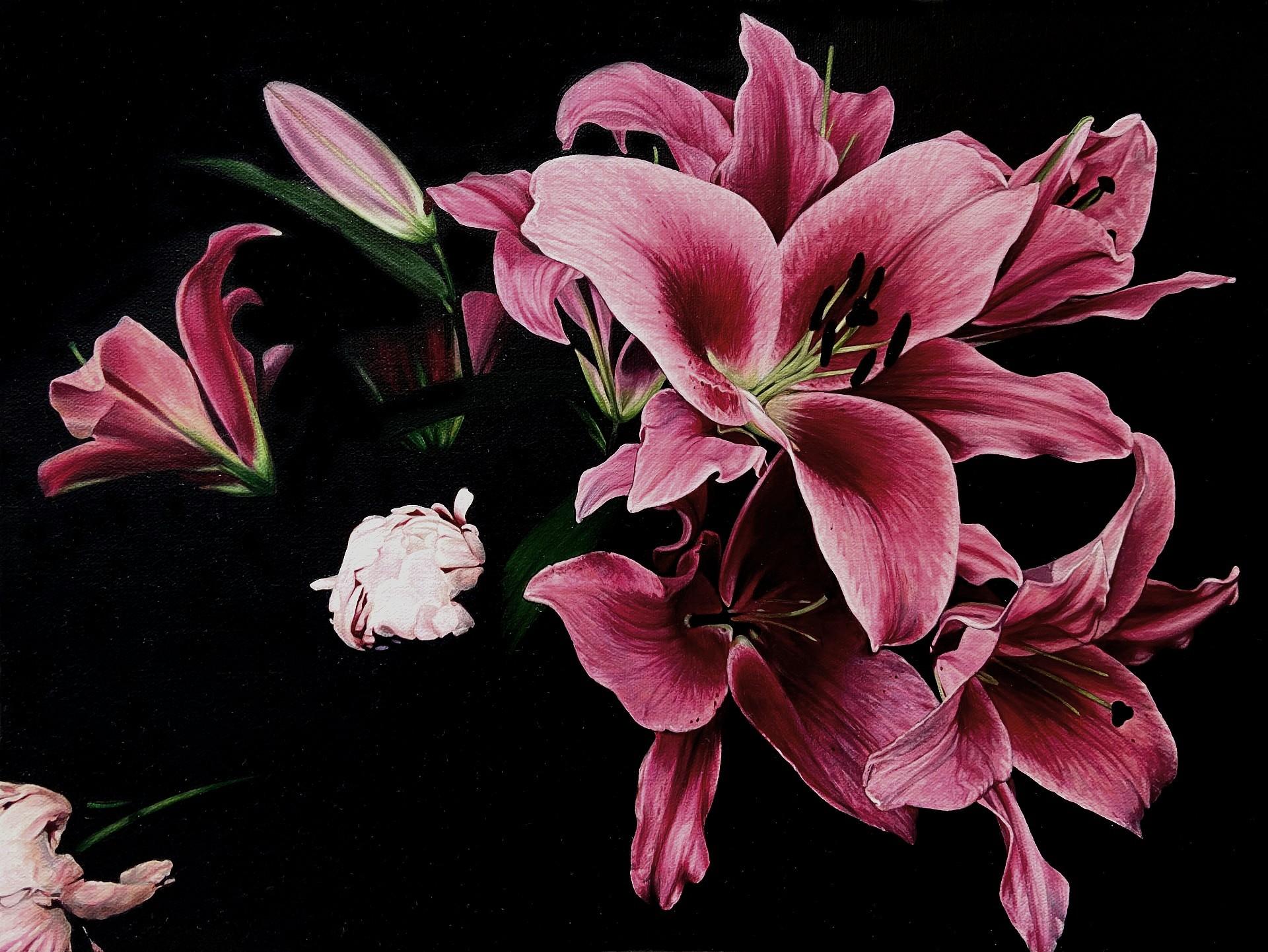 Jeremy Andrews Still-Life Painting – Studie über rosa Lilie und Pfingstrose, zeitgenössisches Stillleben