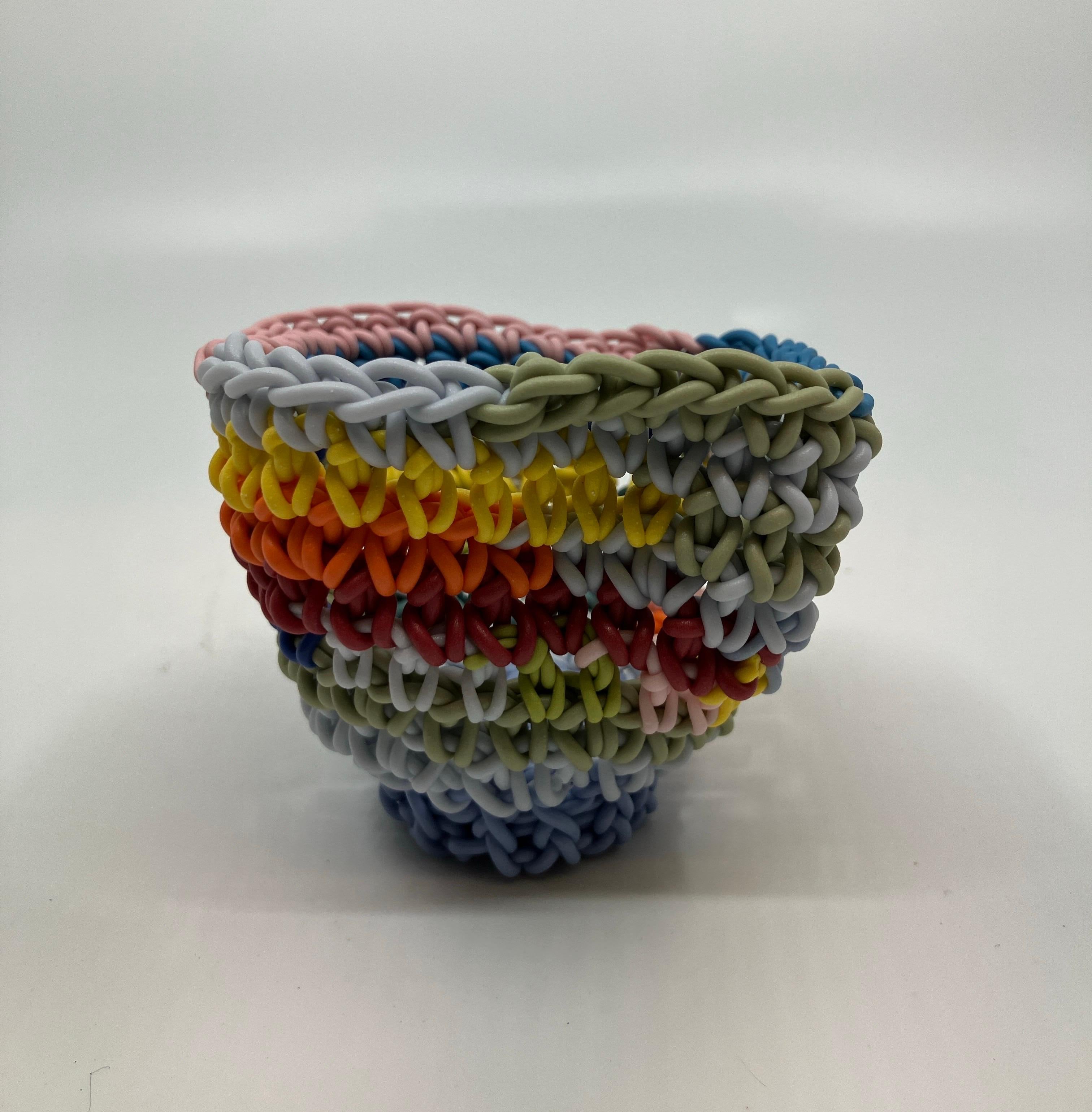 Hand Crocheted Ceramic Sculpture, Colored Porcelain, Tea Cup, Multicolored - Gray Abstract Sculpture by Jeremy Brooks