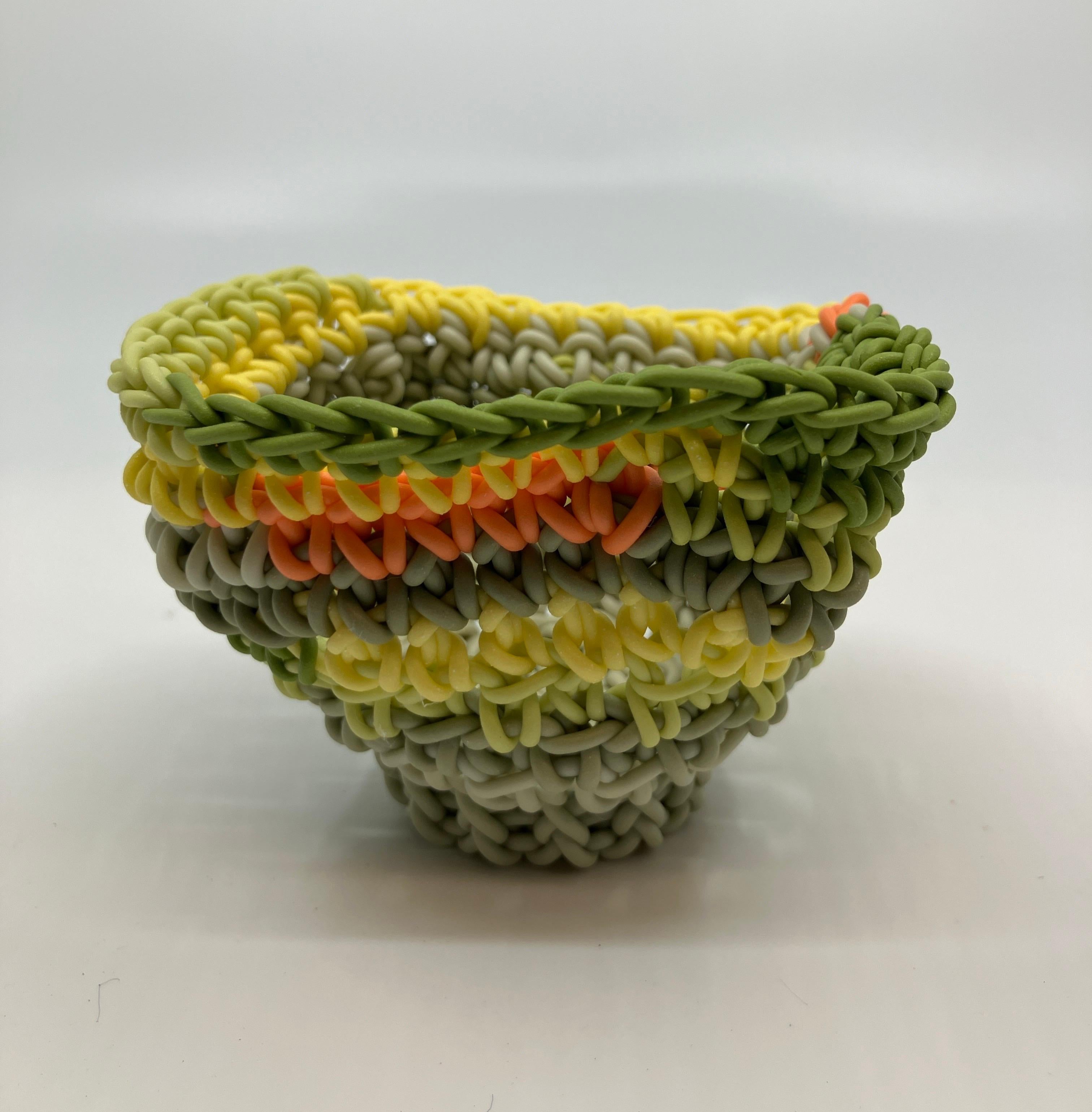 Hand Crocheted Ceramic Sculpture, Colored Porcelain, Tea Cup, Multicolored - Beige Abstract Sculpture by Jeremy Brooks