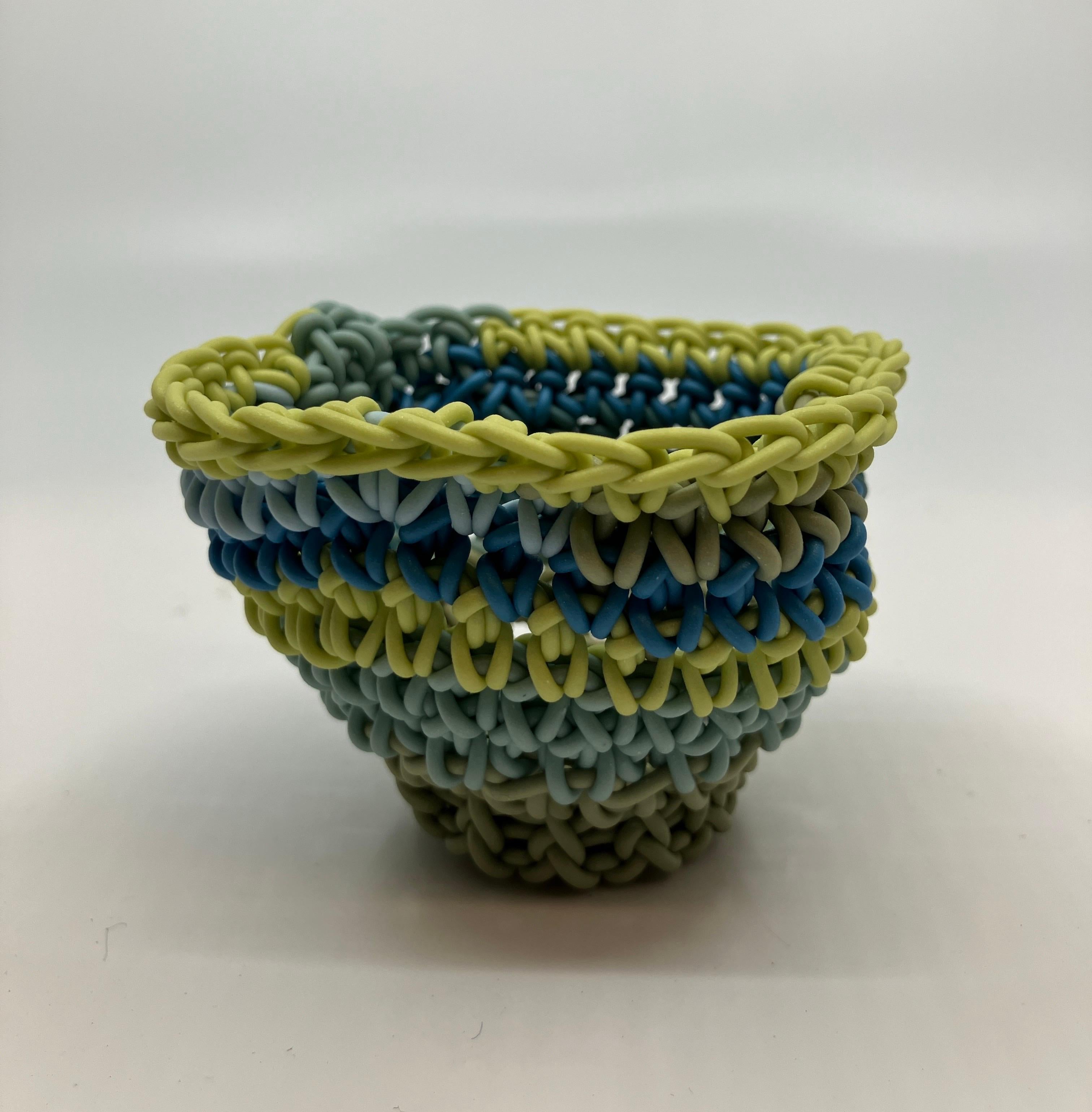 Hand Crocheted Ceramic Sculpture, Colored Porcelain, Tea Cup, Multicolored - Gray Abstract Sculpture by Jeremy Brooks