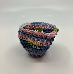Hand Crocheted Ceramic Sculpture, Colored Porcelain, Tea Cup, Multicolored