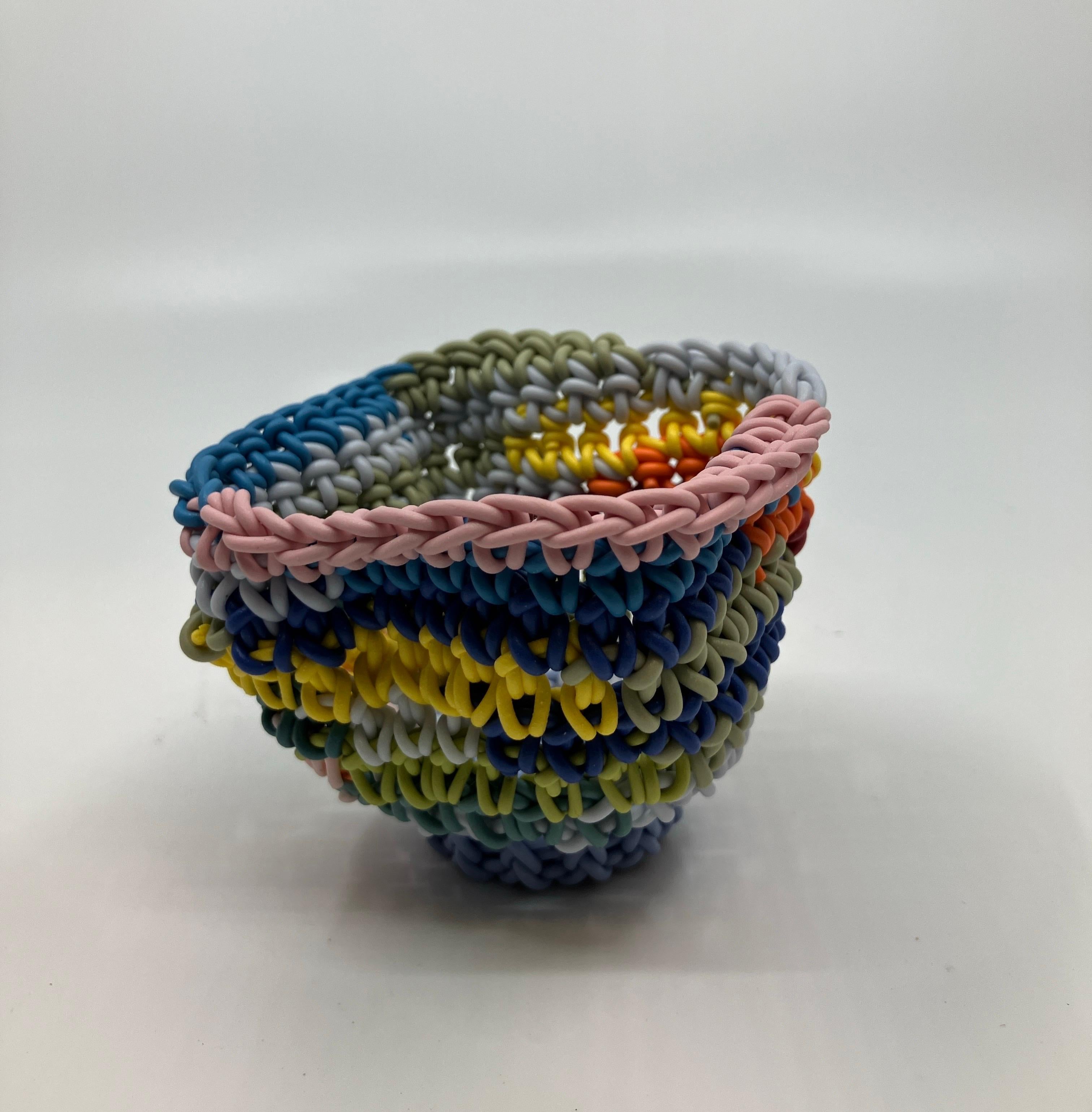 Hand Crocheted Ceramic Sculpture, Colored Porcelain, Tea Cup, Multicolored For Sale 1