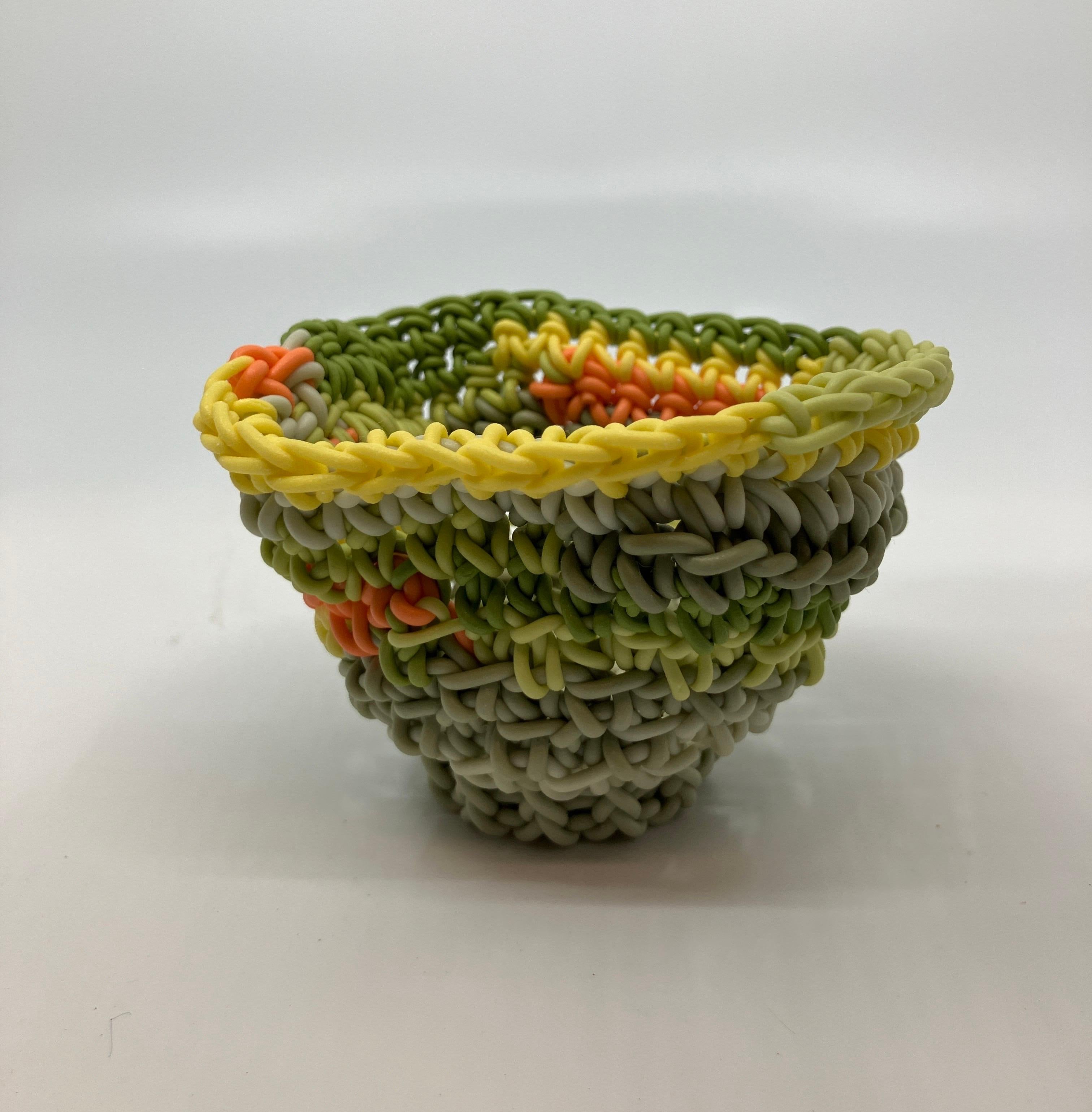 Hand Crocheted Ceramic Sculpture, Colored Porcelain, Tea Cup, Multicolored For Sale 1