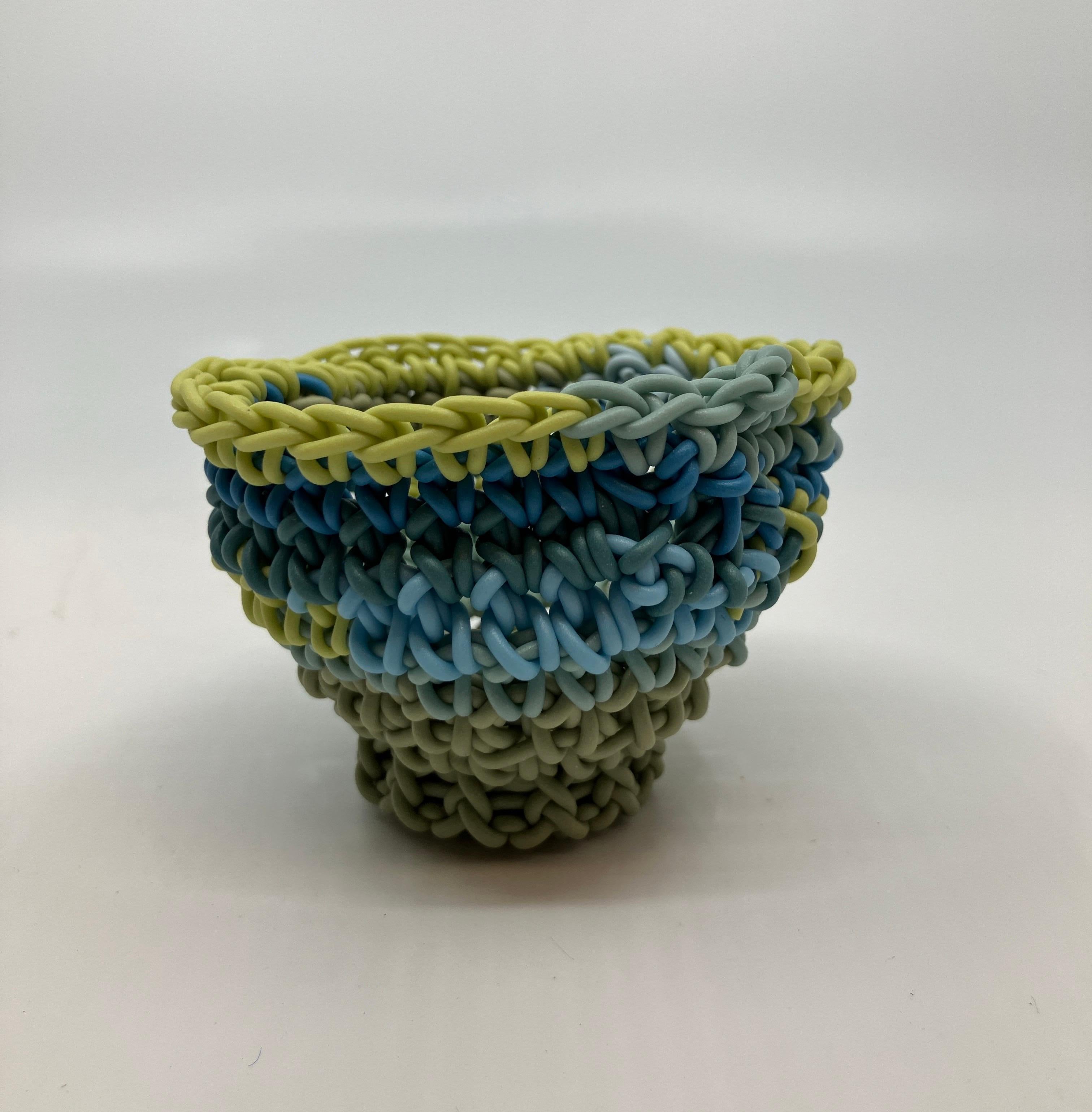 Hand Crocheted Ceramic Sculpture, Colored Porcelain, Tea Cup, Multicolored For Sale 1
