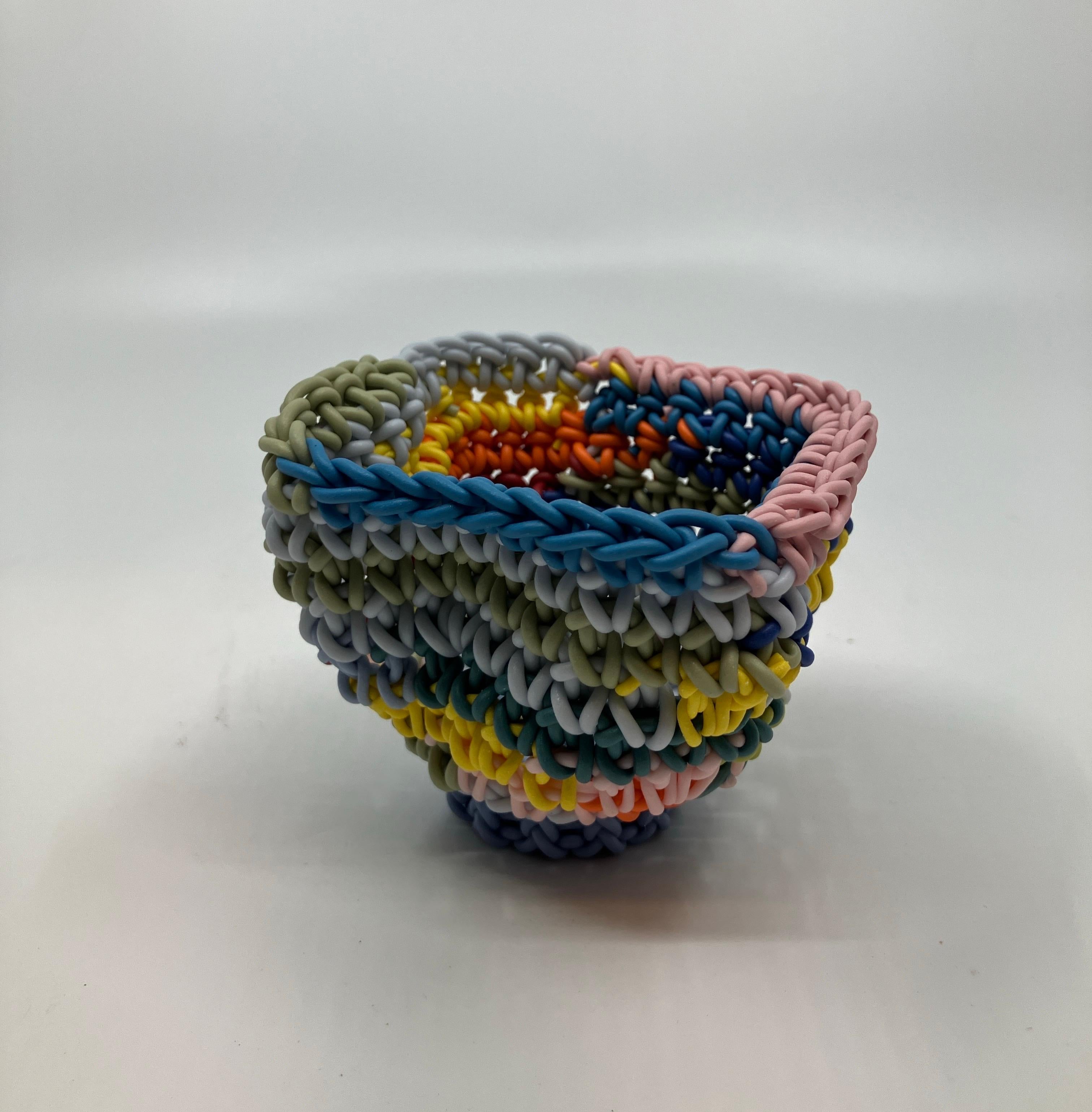 Hand Crocheted Ceramic Sculpture, Colored Porcelain, Tea Cup, Multicolored For Sale 2