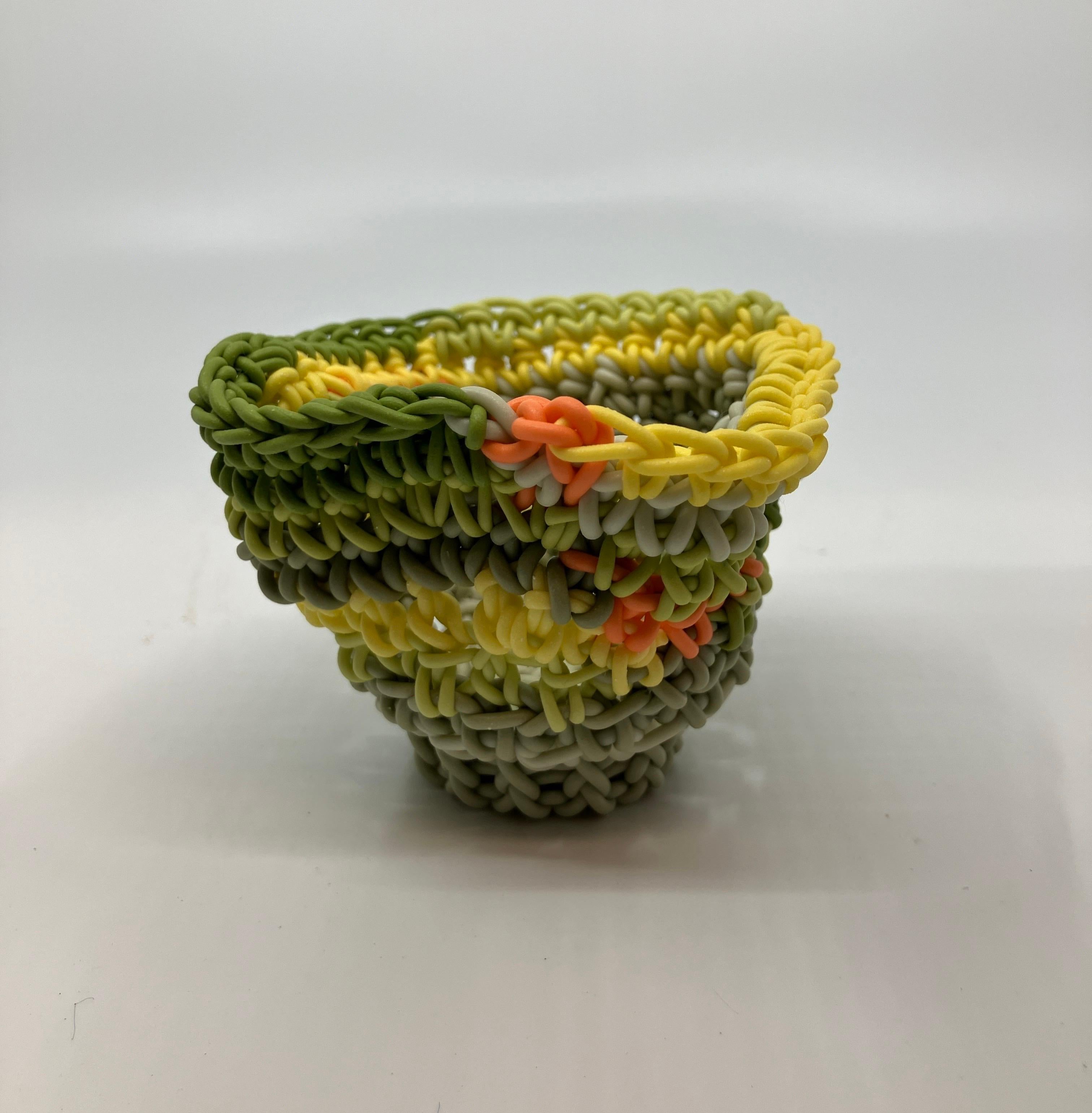 Hand Crocheted Ceramic Sculpture, Colored Porcelain, Tea Cup, Multicolored For Sale 2