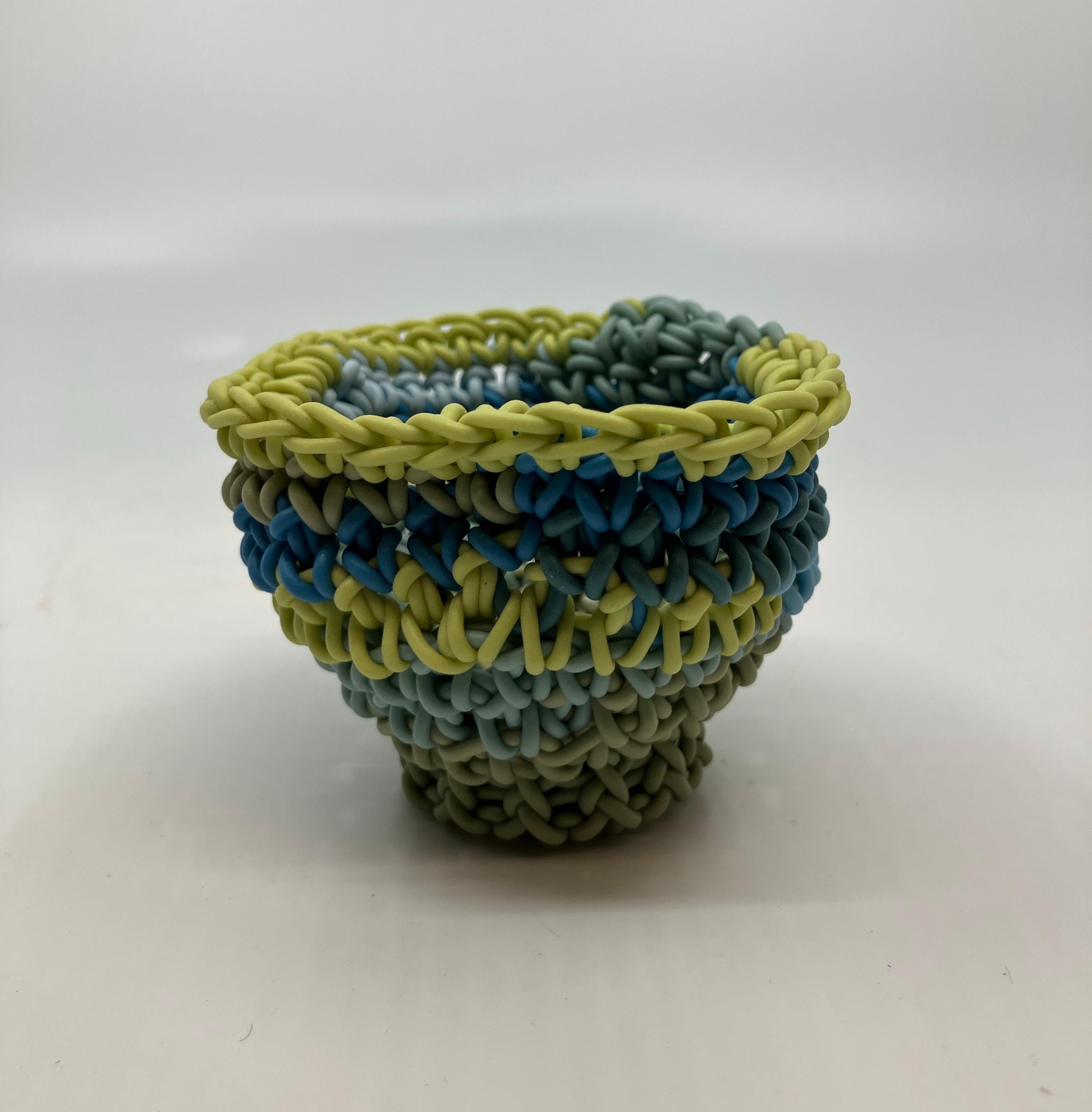 Hand Crocheted Ceramic Sculpture, Colored Porcelain, Tea Cup, Multicolored For Sale 2