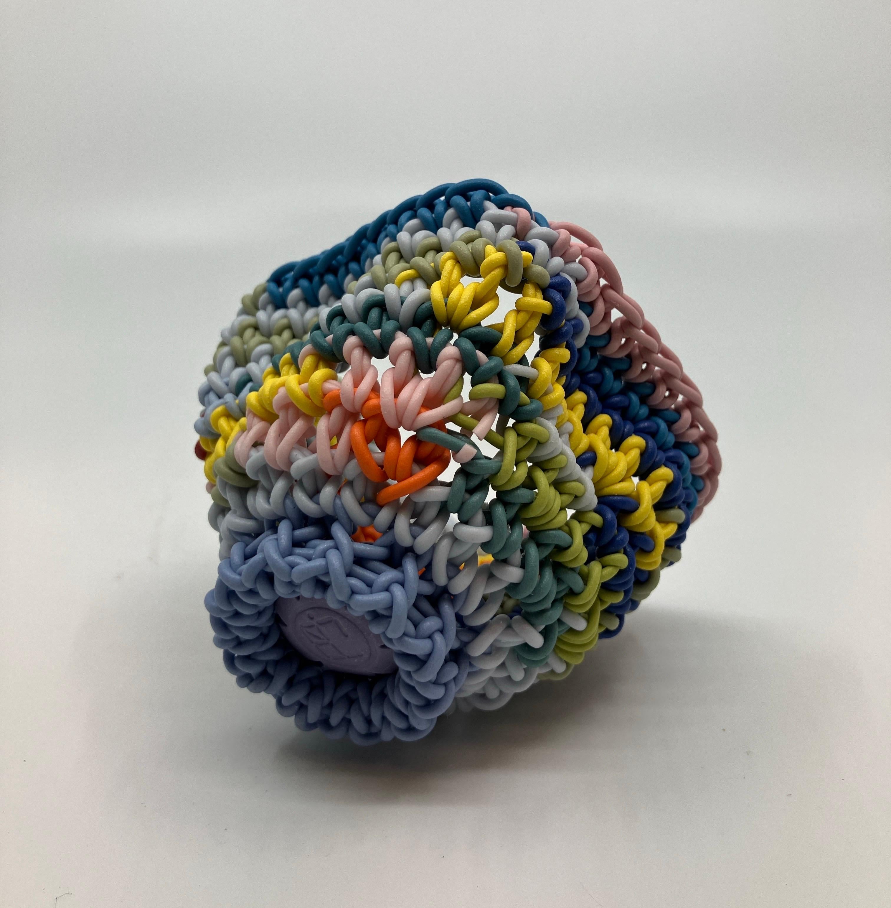 Hand Crocheted Ceramic Sculpture, Colored Porcelain, Tea Cup, Multicolored For Sale 3