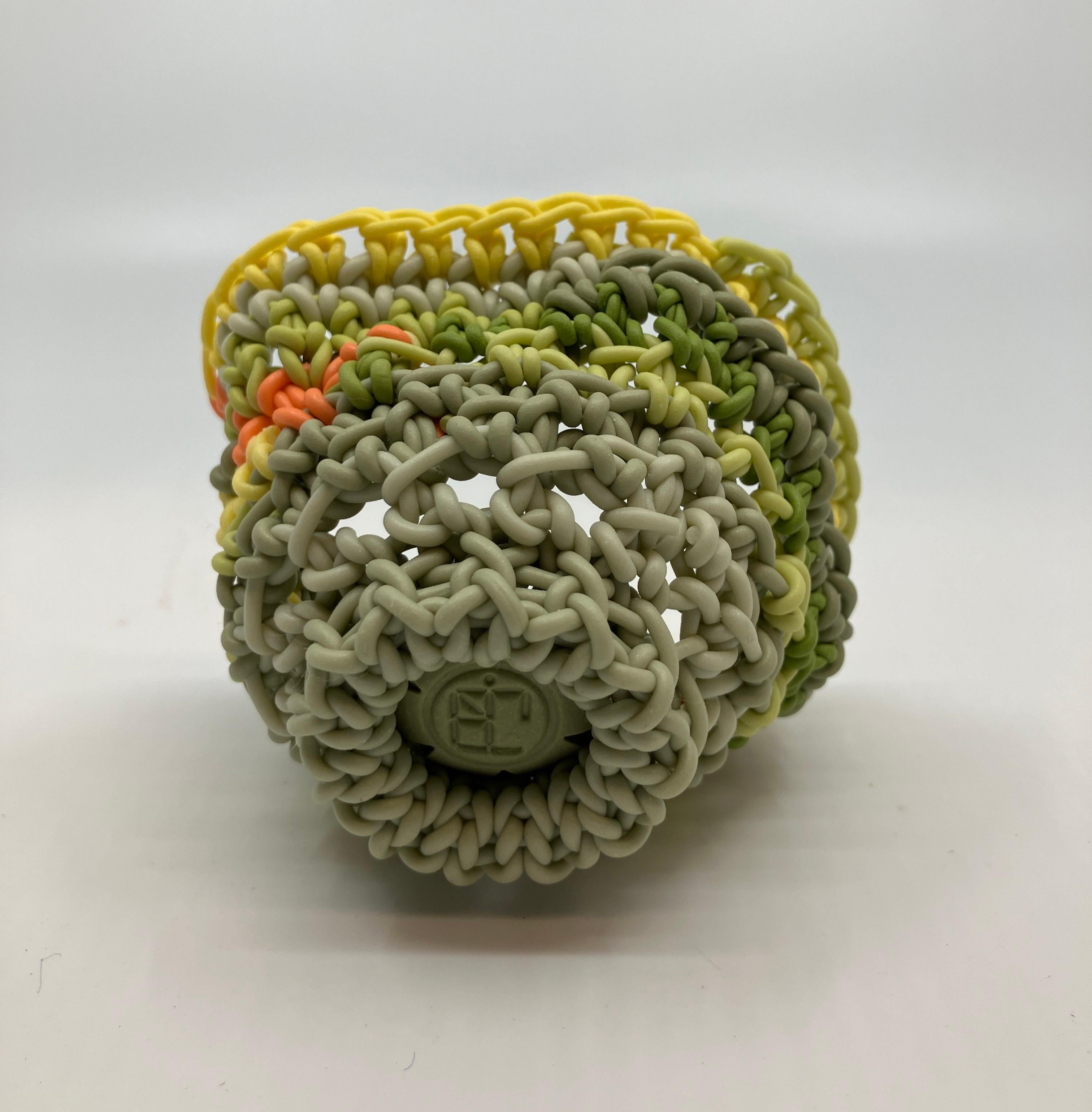Hand Crocheted Ceramic Sculpture, Colored Porcelain, Tea Cup, Multicolored For Sale 3