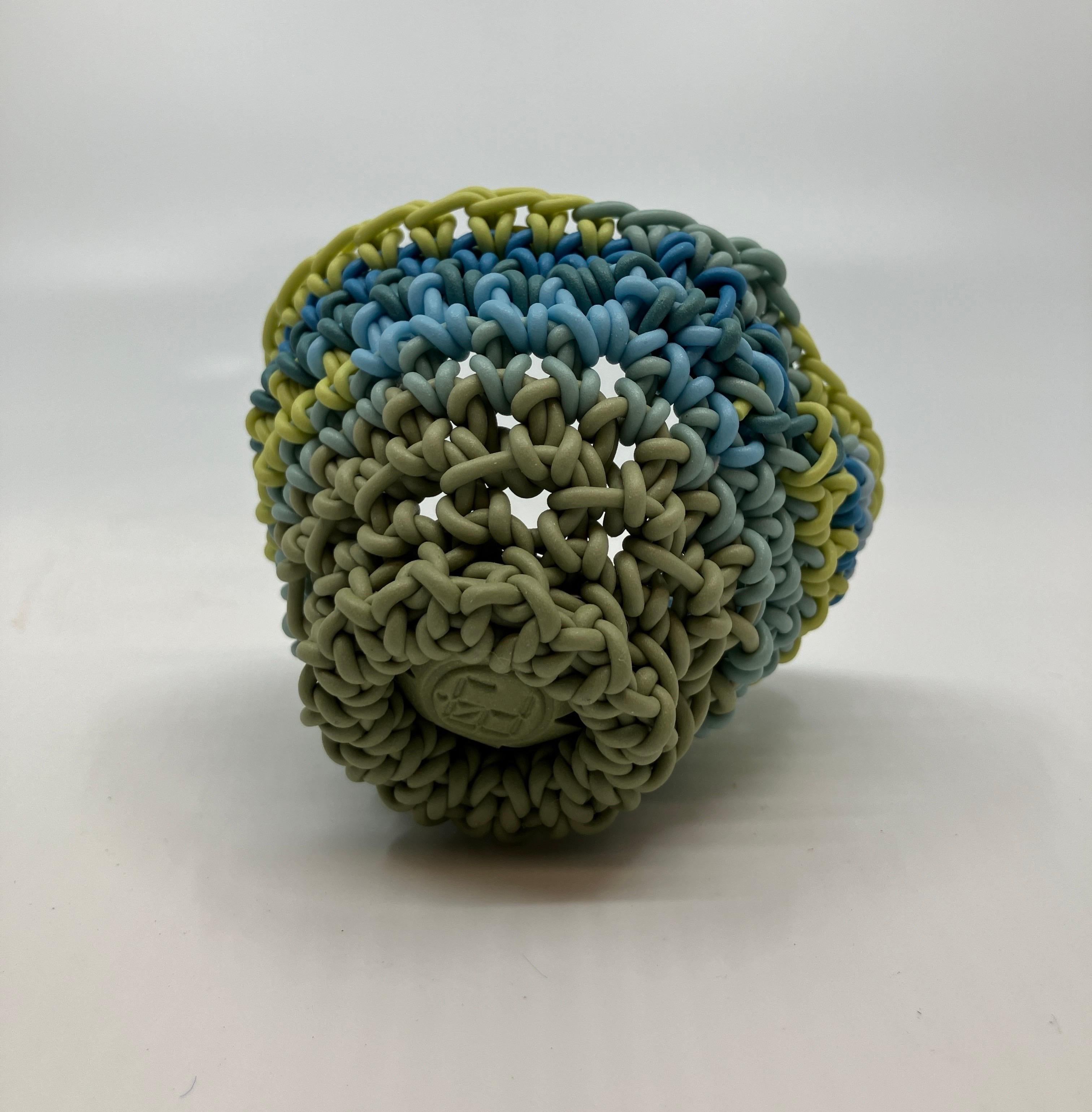 Hand Crocheted Ceramic Sculpture, Colored Porcelain, Tea Cup, Multicolored For Sale 3