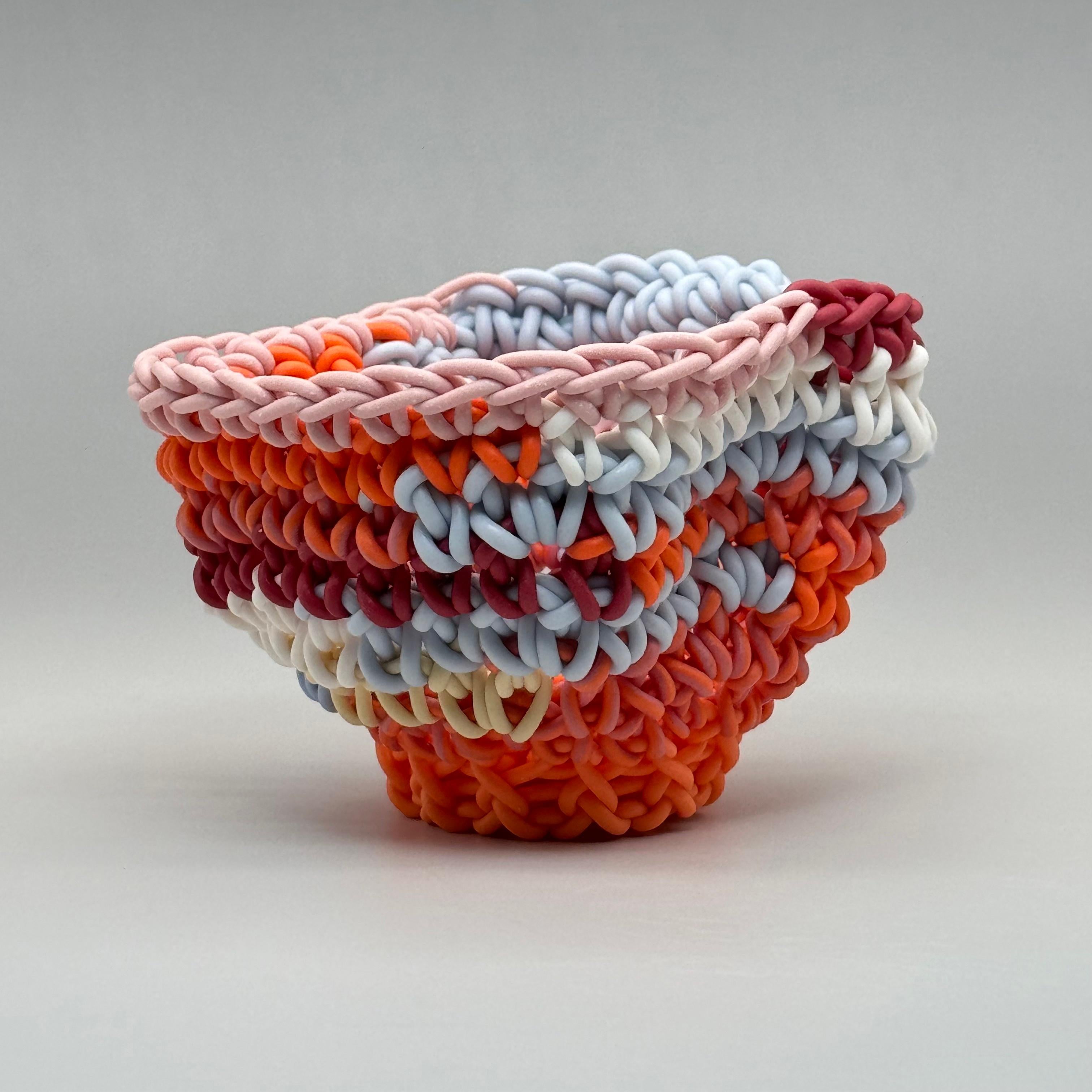 Hand Crocheted Ceramic Sculpture, Colored Porcelain, Tea Cup, Multicolored