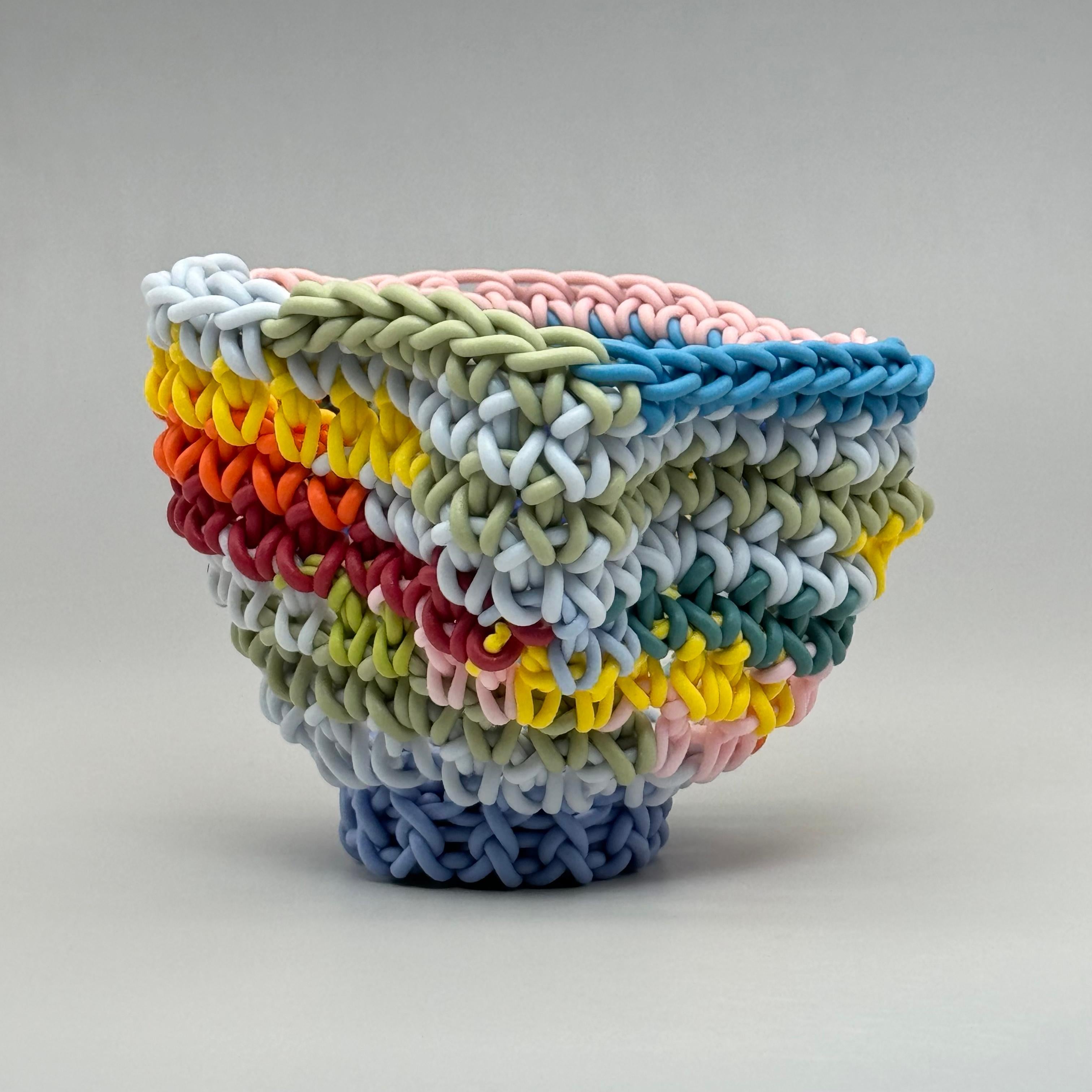 Hand Crocheted Ceramic Sculpture, Colored Porcelain, Tea Cup, Multicolored
