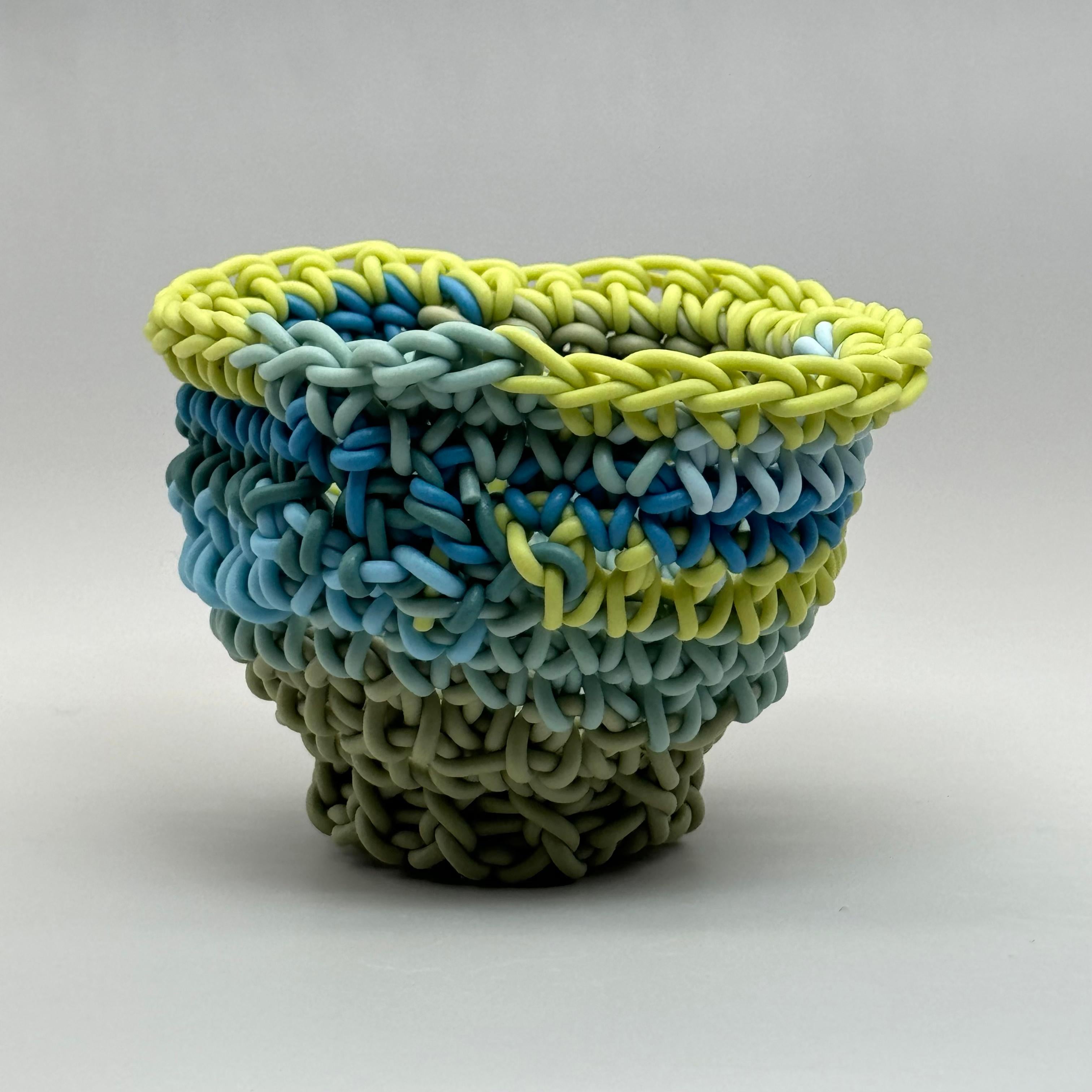 Hand Crocheted Ceramic Sculpture, Colored Porcelain, Tea Cup, Multicolored