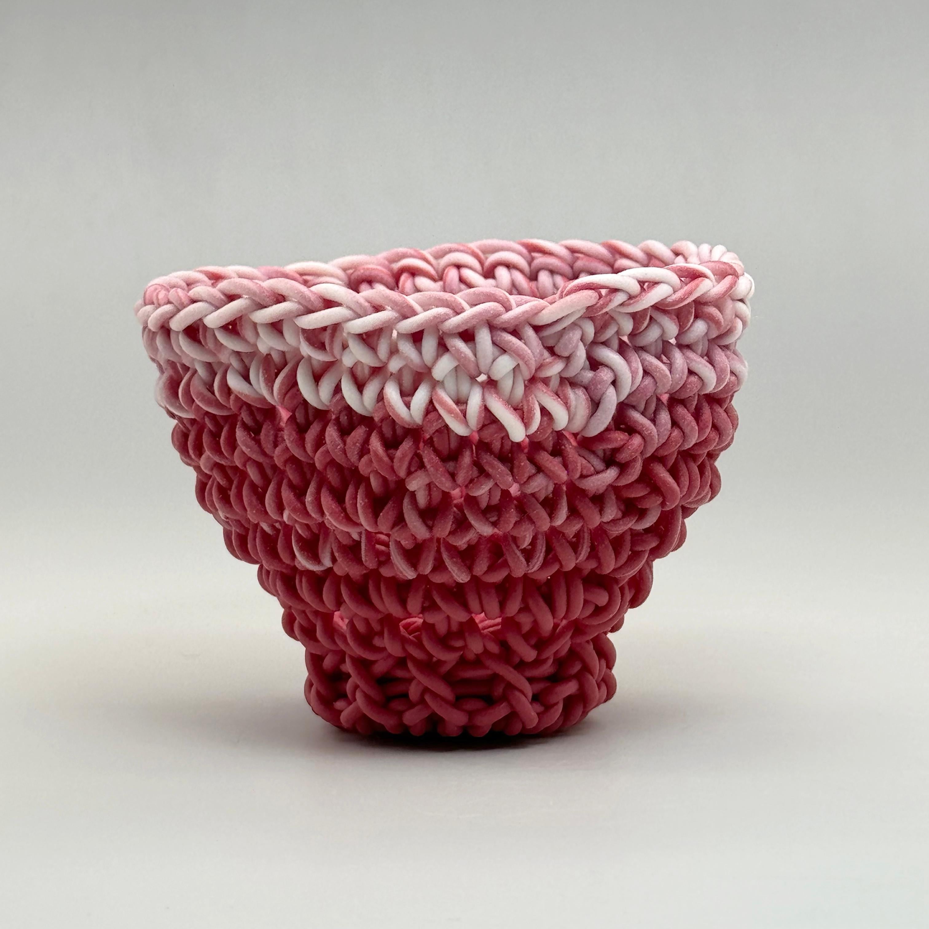 Jeremy Brooks Abstract Sculpture - Hand Crocheted Ceramic Sculpture, Colored Porcelain, Tea Cup, Multicolored