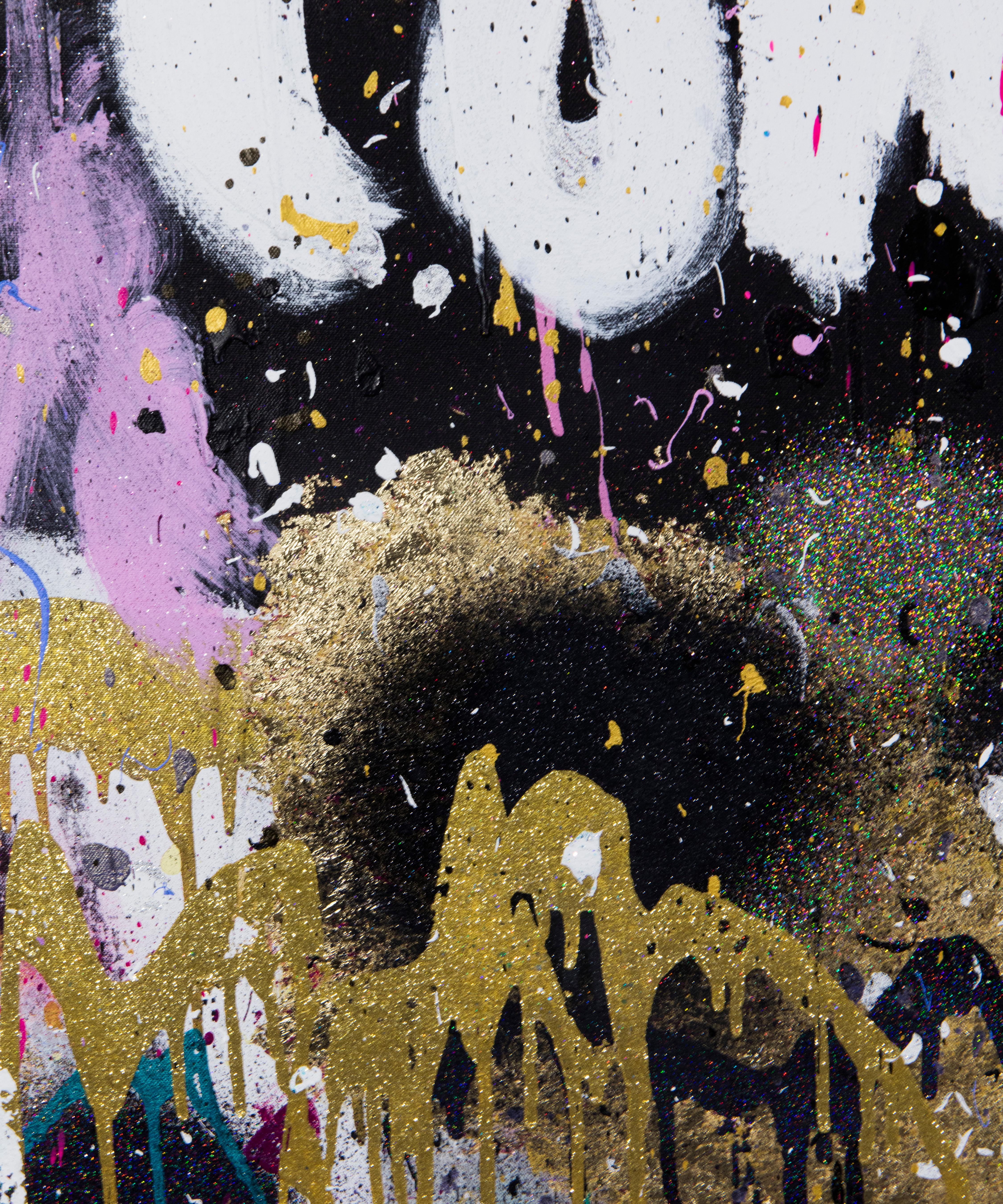 Jeremy Brown
Come rain or come shine
Acrylic, ink, glitter, gold leaf and oil stick on canvas
64 x 46 inches