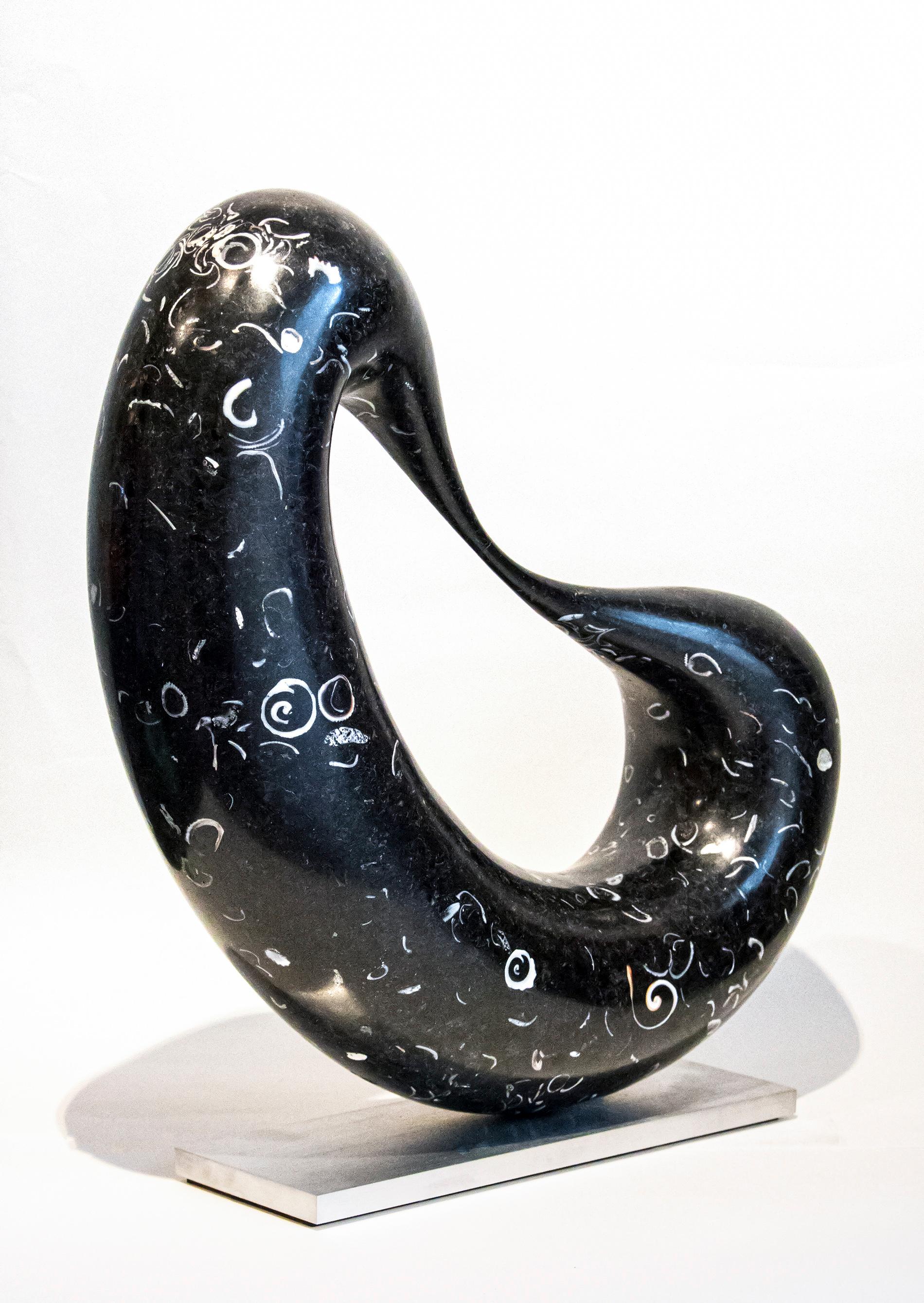 Smooth, black granite flecked with embedded white sea shells, is engineered into an elegant loop in this table top sized sculpture. Poised upon a flat metal base, the loop is slightly flattened and stretched thin on one side suggestive of a bridge.