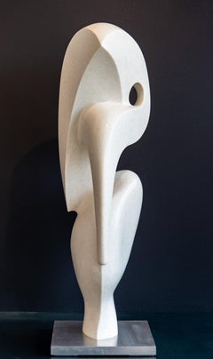 Large Heron 1/50 - smooth, abstract figurative, white granite sculpture