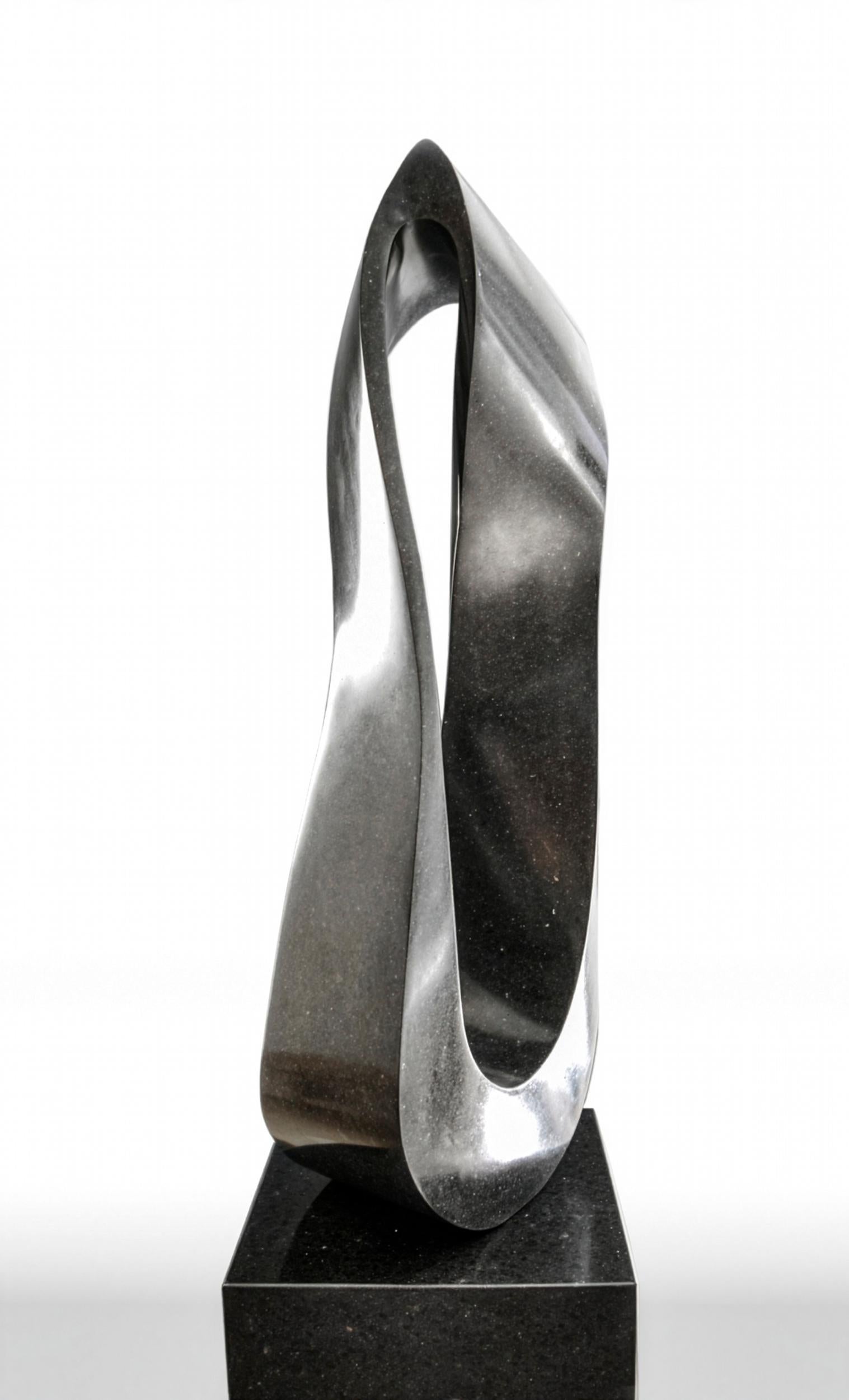 Mobius H3 14/50 - granito negro, liso y elegante, escultura abstracta sobre zócalo - Abstract Sculpture Negro de Jeremy Guy