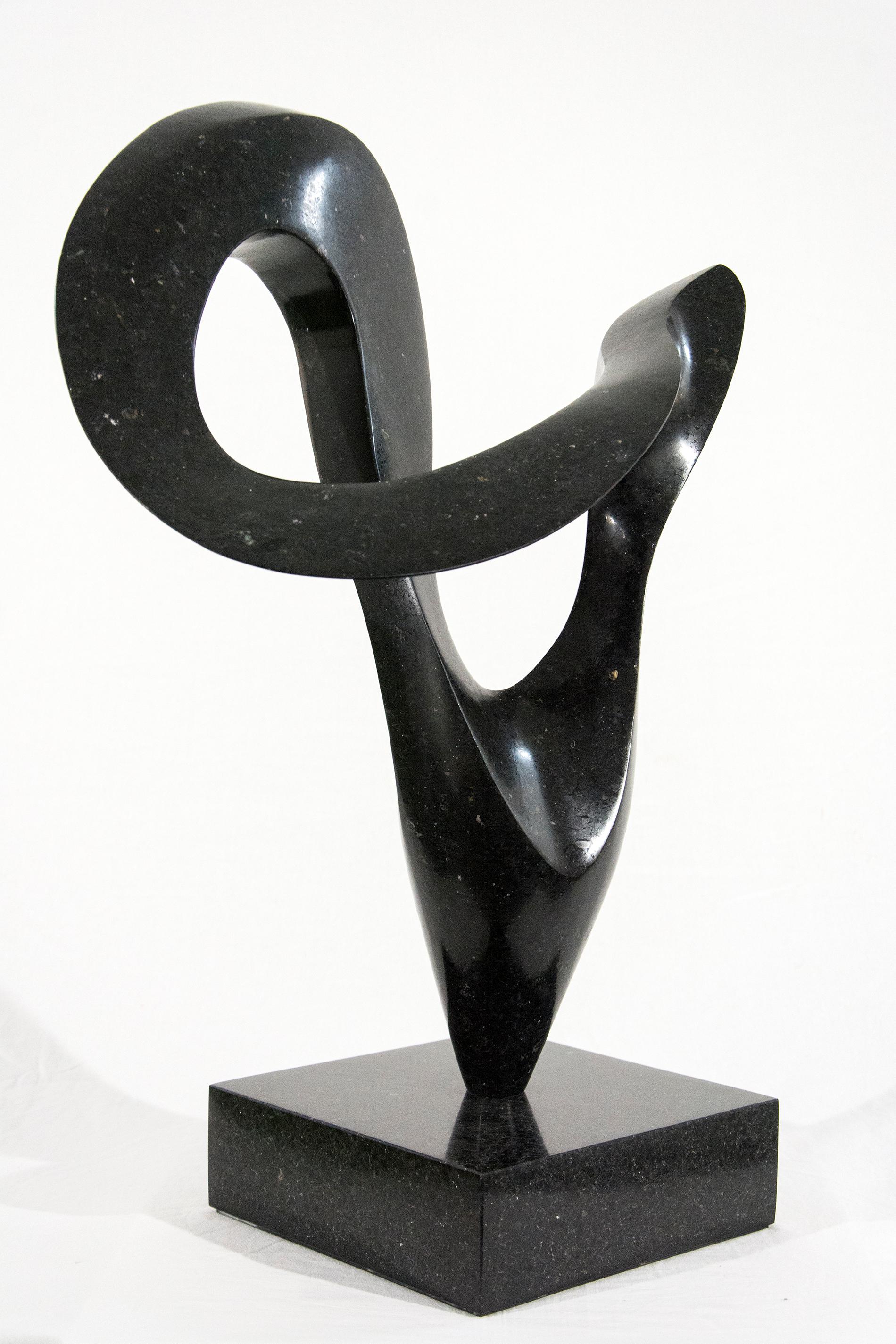 Smooth surfaced, engineered black granite is sculpted into an elegant, spinning form by Jeremy Guy. This lively shape that appears to spin dynamically on its narrow base, like a pirouette on one foot, is mounted on a granite base. It is number 14 in