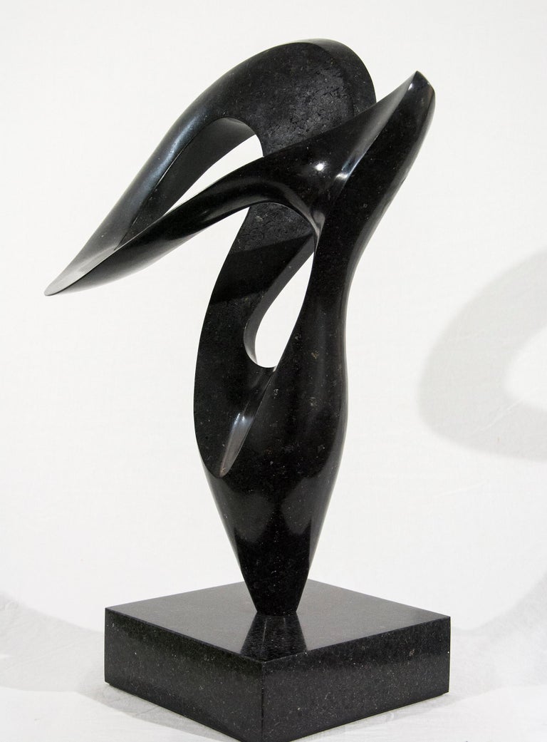 Smooth surfaced, engineered black granite is sculpted into an elegant, spinning form by Jeremy Guy. This lively shape that appears to spin dynamically on its narrow base, like a pirouette on one foot, is mounted on a granite base. It is number 17 in