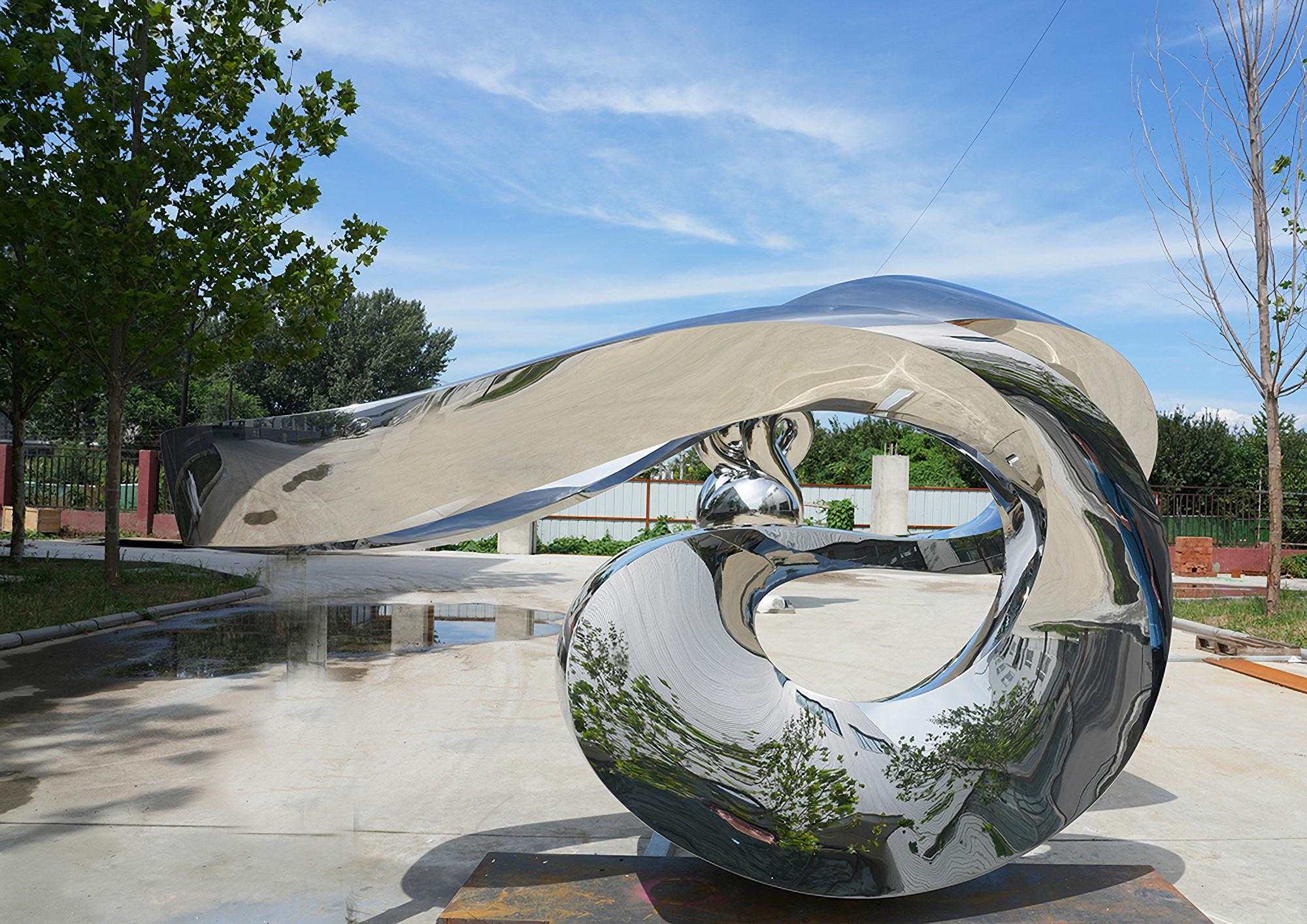 Zephyr 7ft SS 2/50 - large, abstract, polished stainless steel outdoor sculpture - Gray Abstract Sculpture by Jeremy Guy