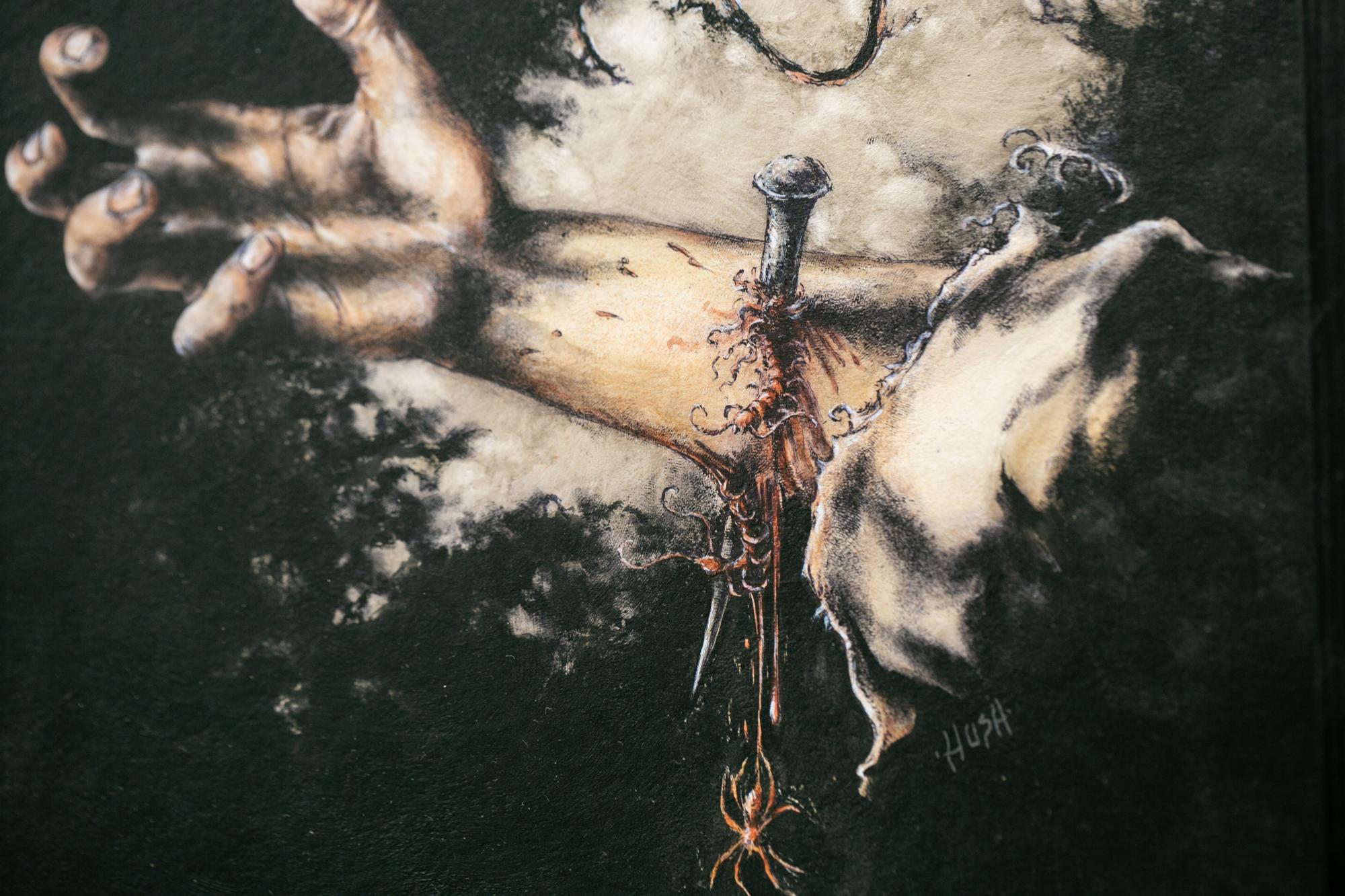 « La marque d'Eibon », peinture figurative, acrylique, aquarelle, encre, main, bras - Art de Jeremy Hush