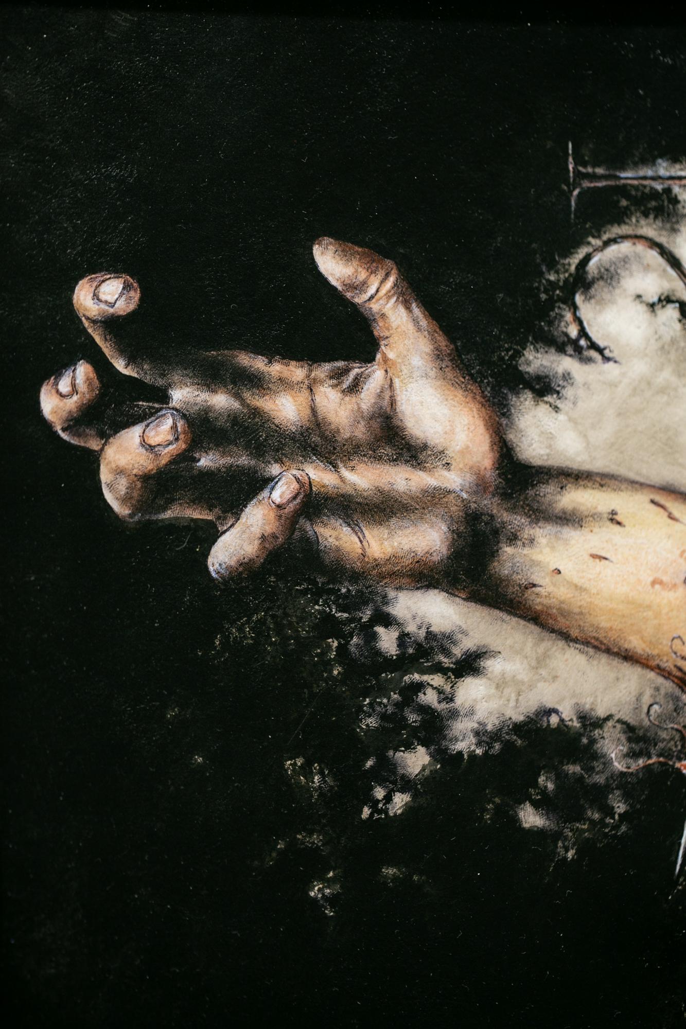 « La marque d'Eibon », peinture figurative, acrylique, aquarelle, encre, main, bras - Noir Figurative Art par Jeremy Hush
