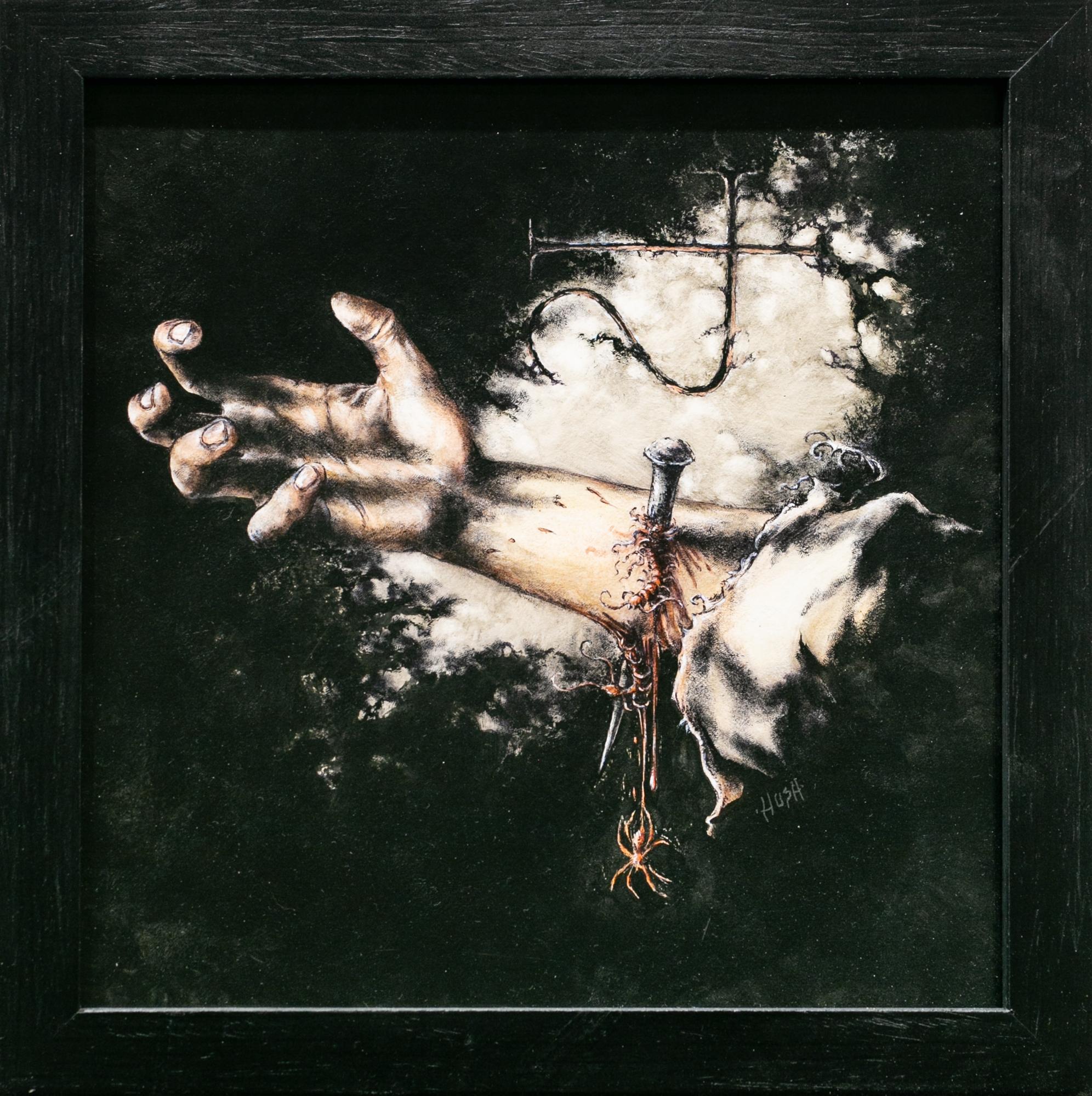 ""Das Zeichen von Eibon", figuratives Gemälde, Acryl, Aquarell, Tinte, Hand, Arm