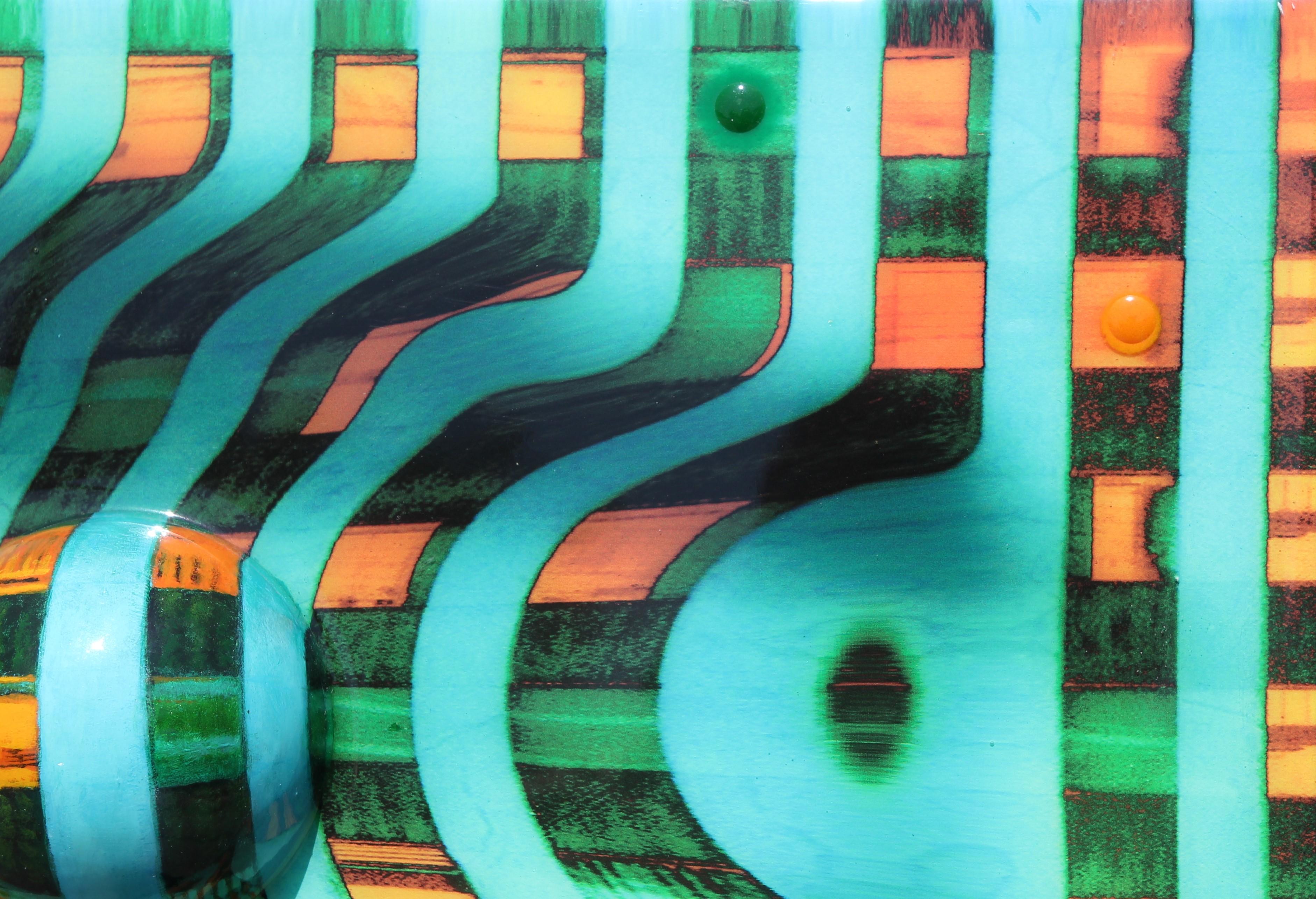 Lozenge Land 2 Modernes abstraktes Op-Art-Gemälde in Blau, Grün und Orange im Angebot 3